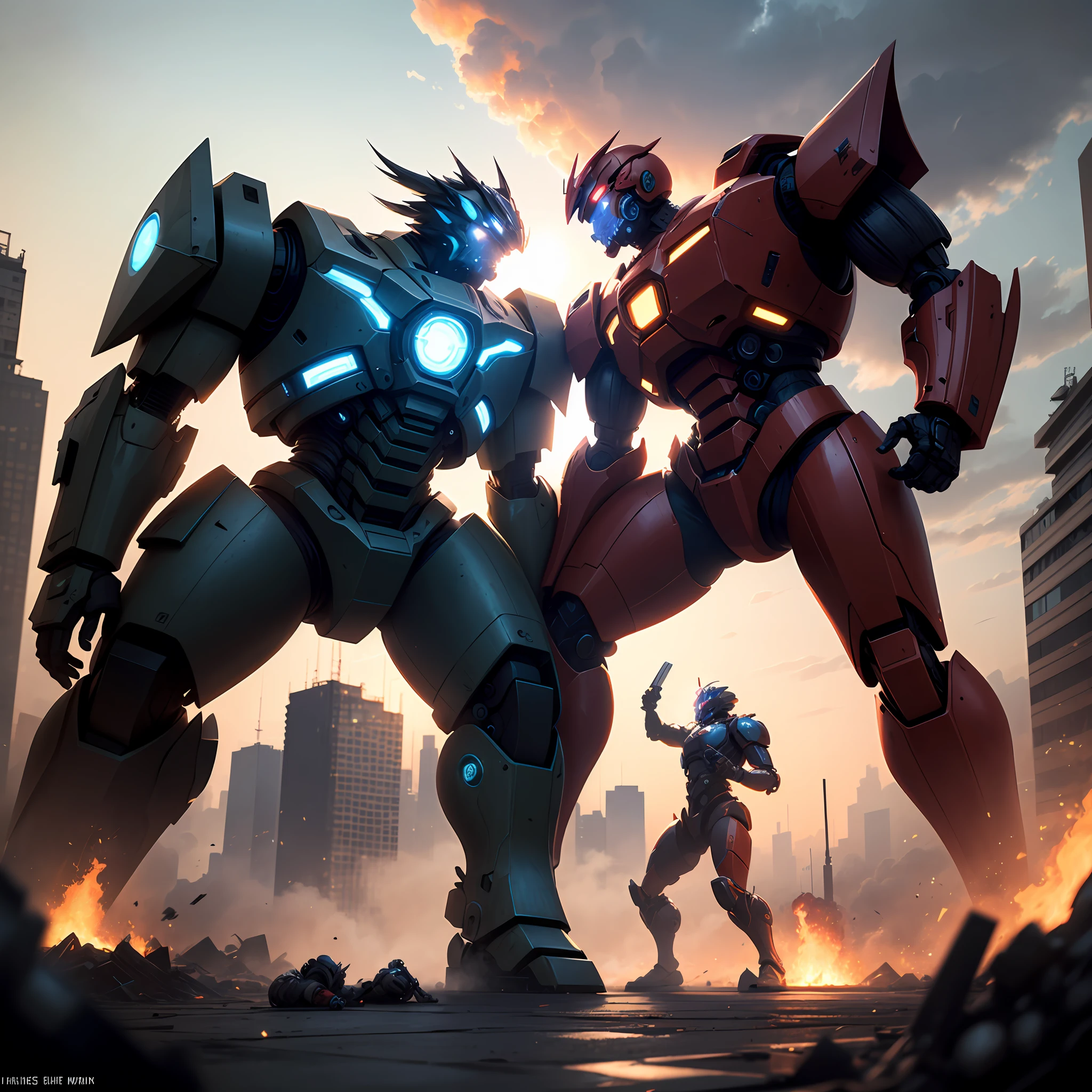 Two mechs fight 1.2,cyber punk perssonage,Fight in the city of the future,8K,the detail,Steel texture,Sense of oppression,Mechanicalweapon,The sky of burning clouds,well-illuminated,Energy knives,Heavy mech