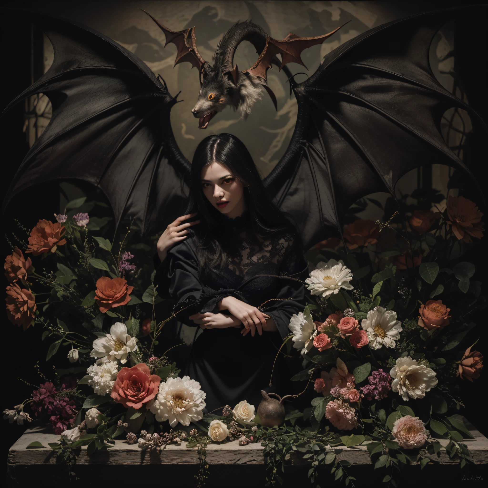 "((obra maestra))(The best lighting, alto contraste, oscuro, dramatic, Acabado fotorrealista),(manchas y desperfectos como de daguerrotipo).(Woman with Bat Wings, fondo lleno de flores),(Baphometh saca la lengua), viejos, Serpientes. Luz Caravaggio"