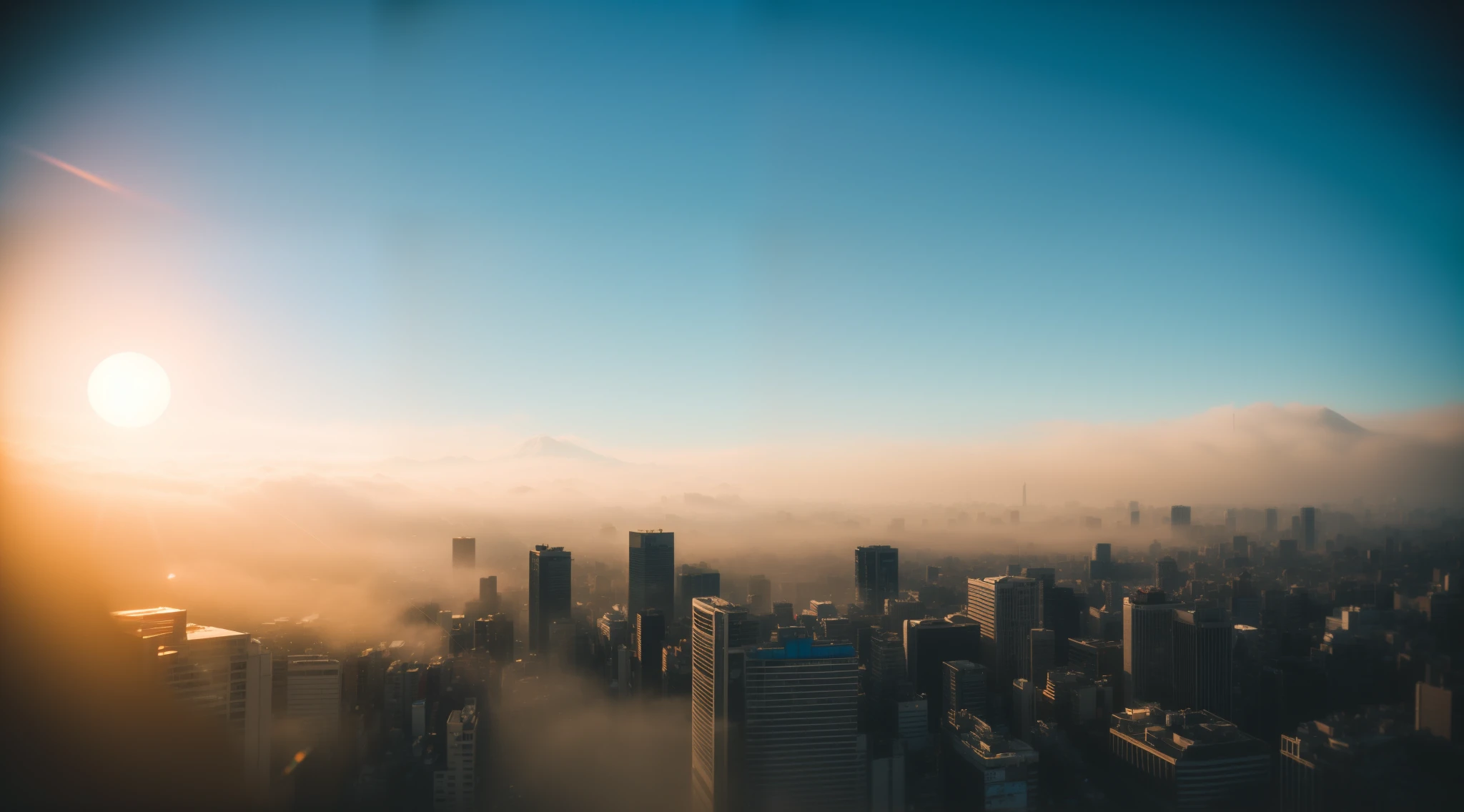 Streets of Tokyo, The rising sun, Blue very thick fog, sony a7, Film grain, Cinematic lighting, Photorealistic, 32K, diffuse reflection, colorful shiny particles, Lens Flare, Soft lighting