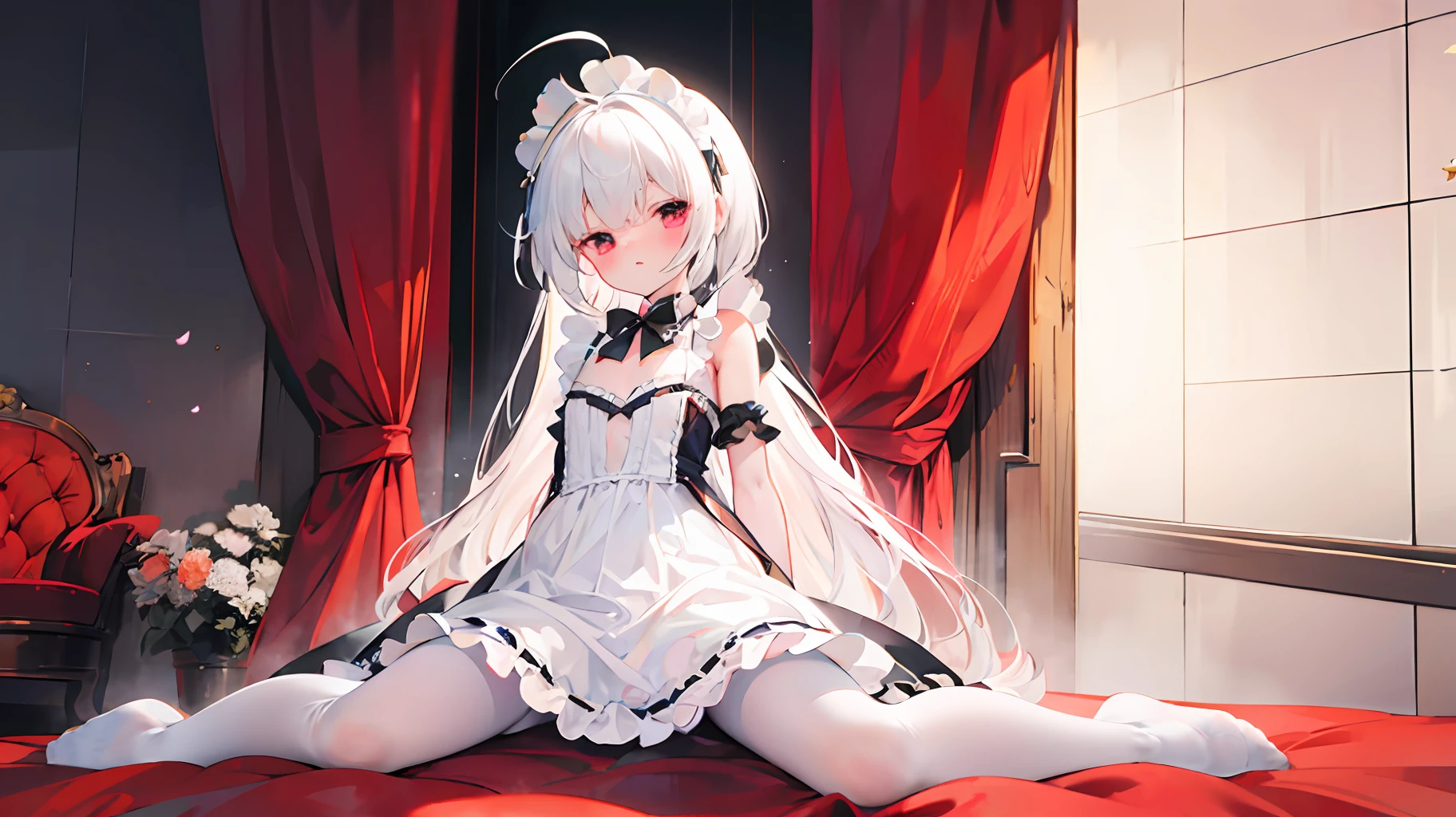 ahoge,bangs,Side_pony tails,White_Hair,Red_Eyes,reaching,Embarrassed,standing,Loli,flat_chest,slippers,shift dresses,rendering by octane,Meticulous painting,flowers meadows,angle of view,shoulder cutout,From above,full bodyesbian,Perspective,Overall view,,on top of the bed,Bedroom,A high resolution,art of light novel,art of light novel,Petite,lolita fashion,Petite,Babe,ahoge,Long hair,White hair,White_Hair,Red_Eyes,Kneeling&setting on floot,wariza,Slim legs,hand between legs,Blush,Beautiful detailed eyes,Sweet_Lolita,White pantyhose,White stockings,White_upper legs,no shoe,Collar,neck bowtie,Tiny_chest,Tiny_chest,One guy,One guy,Maid dress,dress,