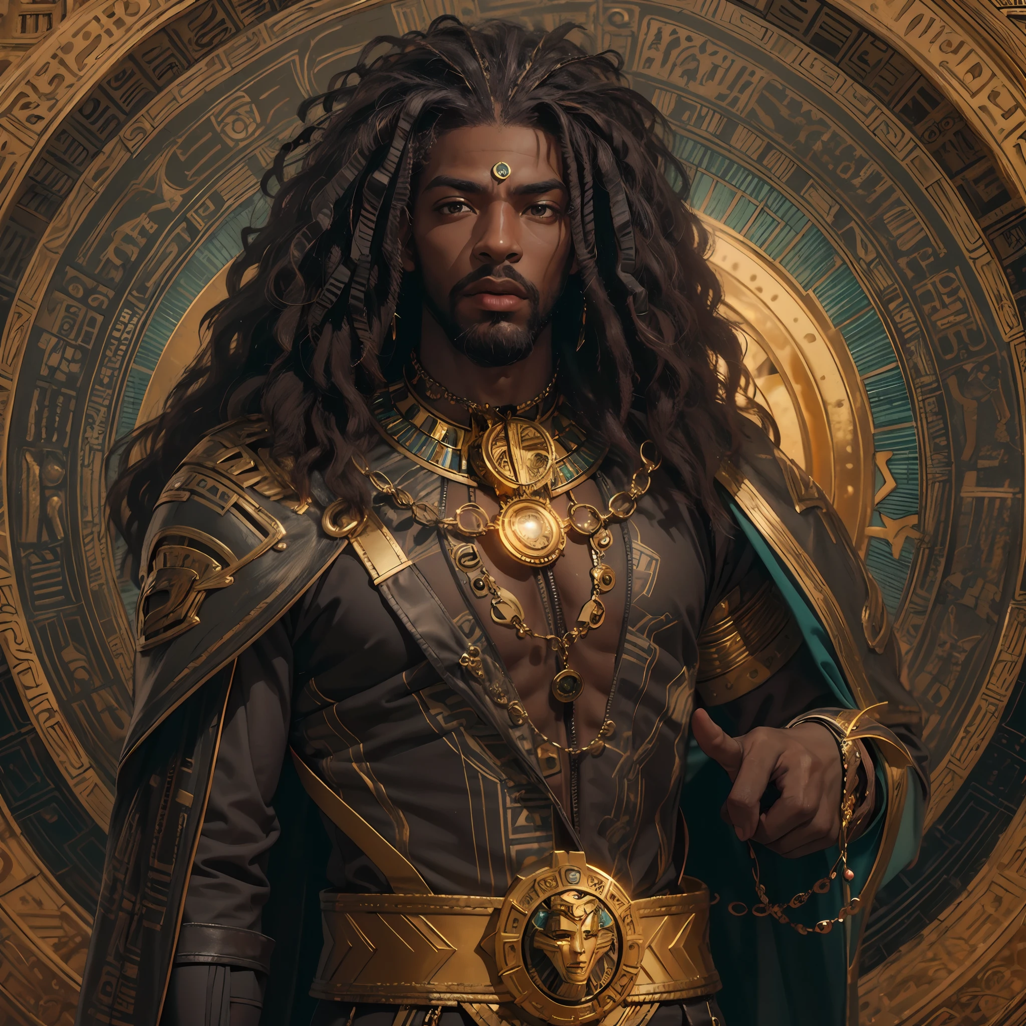 arafed man with a beard and a gold belt standing in front of a circular background, brown skin man egyptian prince, black thor, kemetic, african mythology, african steampunk alchemist, picture of an adult male warrior, djinn human hybrid, storm egyptian god, male warrior, wakanda, a black man with long curly hair, dark skin female goddess of love