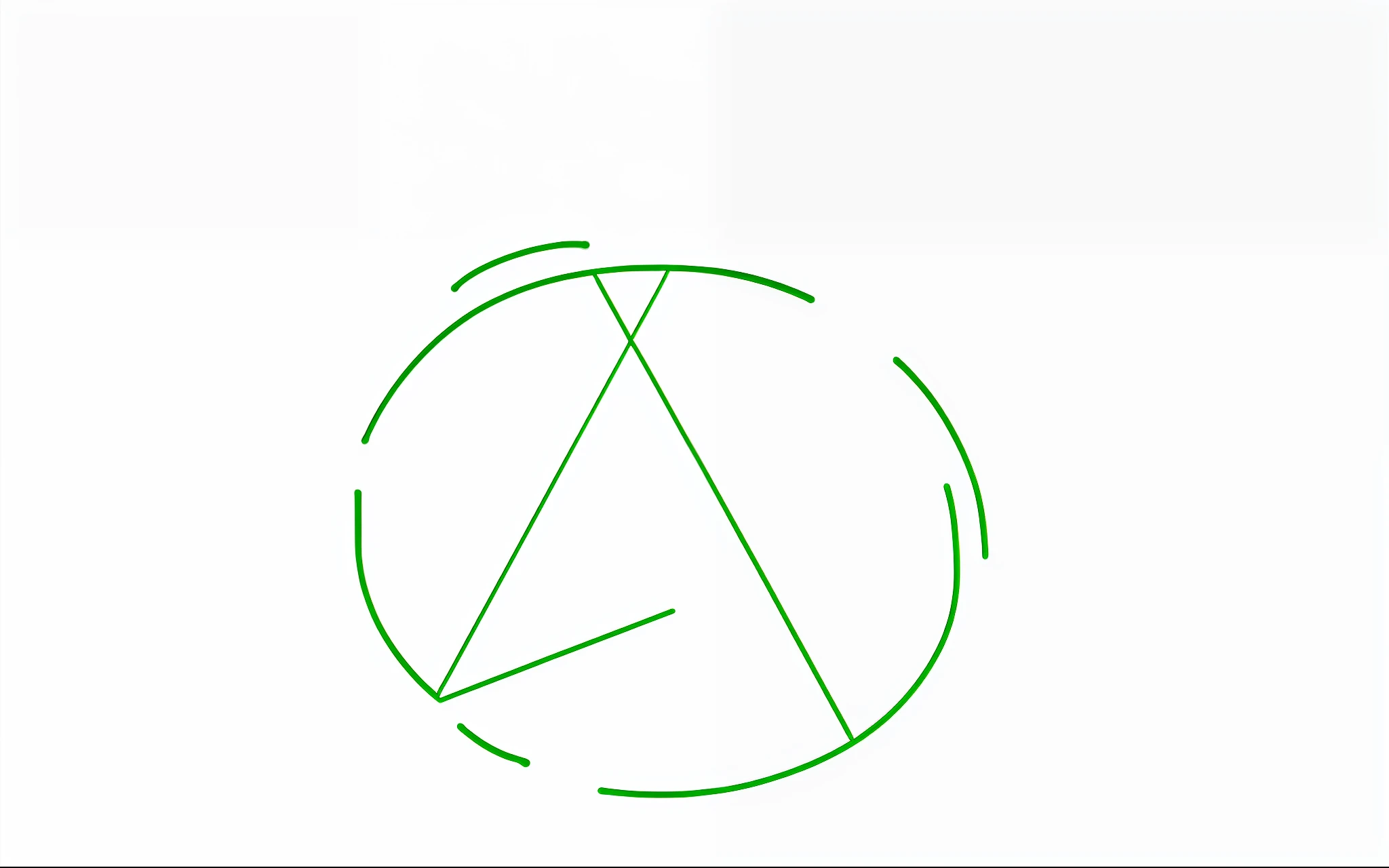 Draw a green triangle with a black outline, triangle inside circle, drawn image, Triangle, round form, drawn with a single line, triangle to use spell, Simple shape, in triangular formation, shape of a circle, full object in middle, whole figure, a round minimalist behind, mid angle, large triangular shapes, one - line drawing