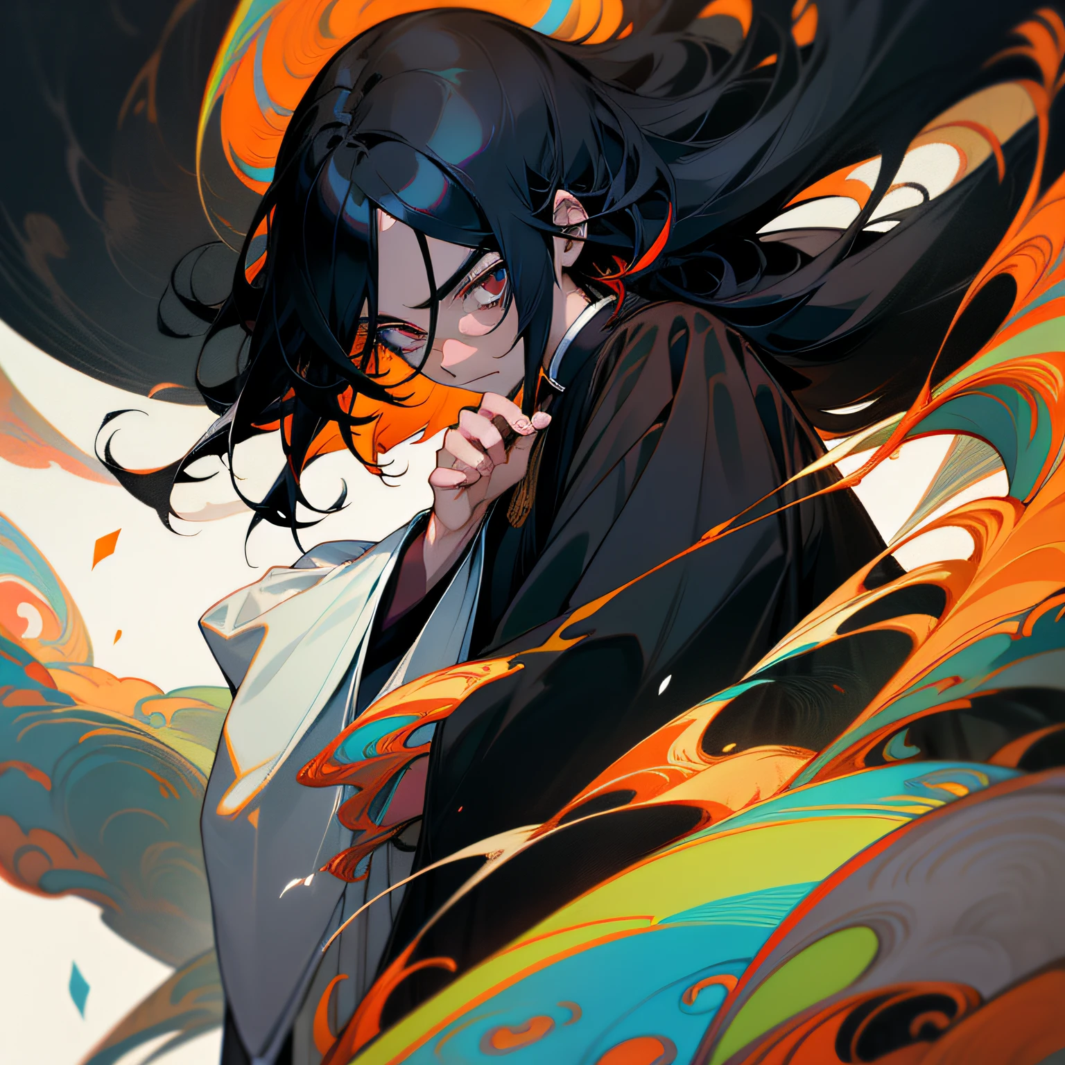 realisticlying，（tmasterpiece，top Quority，best qualtiy，offcial art），The is very detailed，Extremely colorful，Most detailed，Broad background，Handsome man，Black color hair，long whitr hair，Black robes，Kamimei，A pensive expression