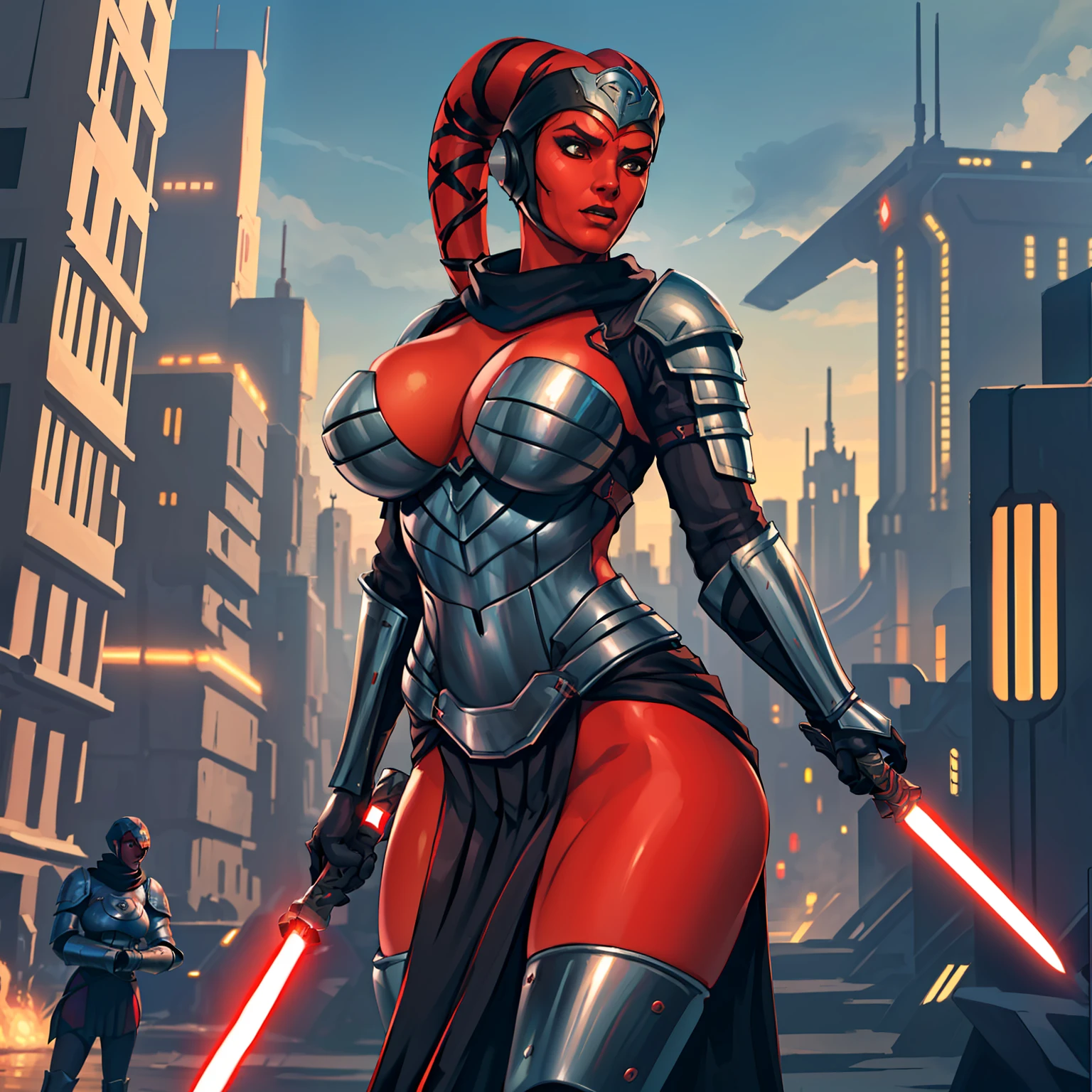 Gorgeous big tits Twi'lek woman in an action scene, (((fighting, swordfight, dual red lightsabers))), masterpiece, best quality, high-definition, armor, busty, ((red skin), twi'lek), dual red lightsabers, evil space knight, space ninja, (wearing black robes, black stealth armor, breastplate, tunic, tabard, cowl, cloak, body glove, straps, buckles, skirts, long sleeves, fantasy, ((armor))), ((busty), slender body, thin, slim sexy body, slim waist, ((gigantic breasts))), Imperial starship, Star Wars, futuristic city, warzone