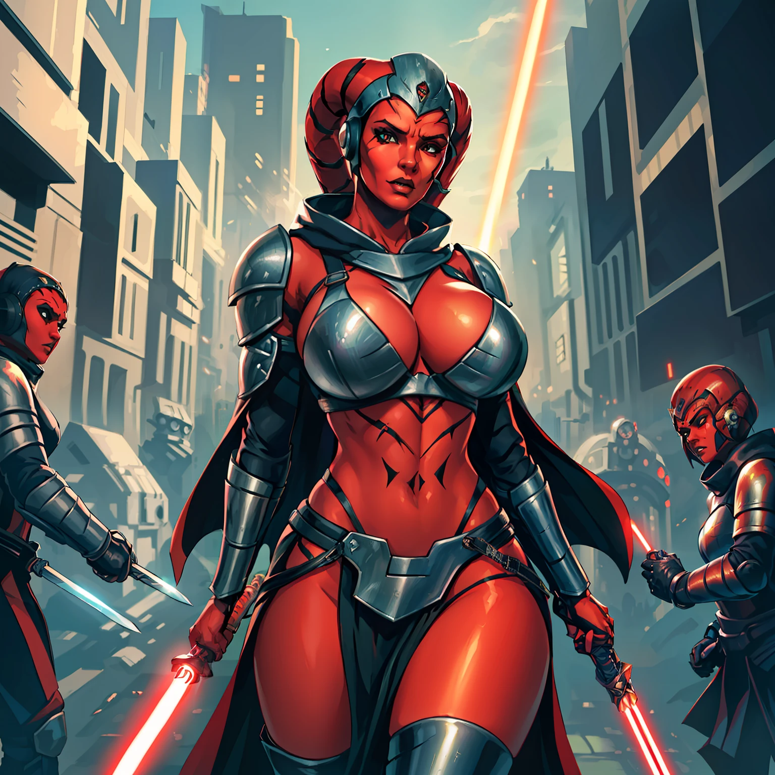 Gorgeous big tits Twi'lek woman in an action scene, (((fighting, swordfight, dual red lightsabers))), masterpiece, best quality, high-definition, armor, busty, ((red skin), twi'lek), dual red lightsabers, evil space knight, space ninja, (wearing black robes, black stealth armor, breastplate, tunic, tabard, cowl, cloak, body glove, straps, buckles, skirts, long sleeves, fantasy, ((armor))), ((busty), slender body, thin, slim sexy body, slim waist, ((gigantic breasts))), Imperial starship, Star Wars, futuristic city, warzone