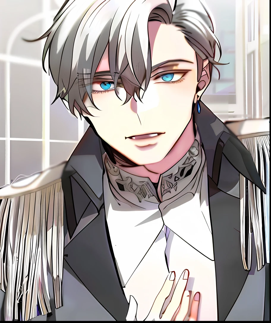 a close up of a person wearing a jacket and a tie, Beautiful androgynous prince, Delicate androgynous prince, he has dark grey hairs, Anime handsome man, Handsome prince, Tall anime guy with blue eyes, Handsome anime pose, male anime character, handsome guy in demon killer art, ((wearing aristocrat robe)), xqc, aristocratic appearance