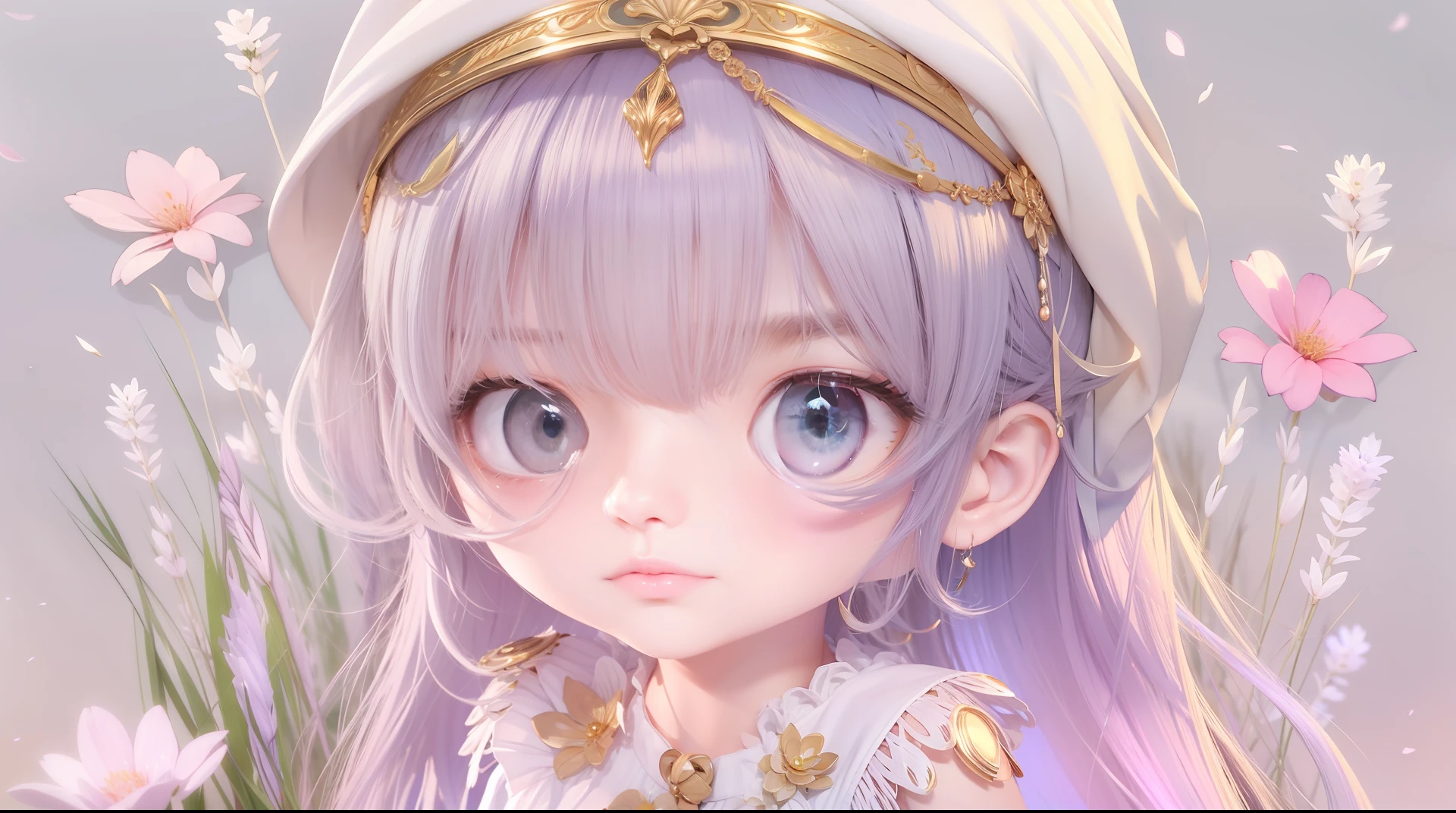{{{tmasterpiece}}}, {{Best quality,An ultra-fine illustrations,Beautiful delicate water,The finest grass}}.((beautidful eyes)),{very delicate light,Perfect and refined limbs},{naturey,painting of a,water fog},{{Fine luminescence,Very detailed 8K CG wallpaper}},Lavender-colored eyes,Pink pupils,full bodyesbian,whaite hair,eyes with brightness,((An extremely delicate and beautiful girl)),((1个Giant Breast Girl)),medium chest circumference,dynamic angle,(white dresses,Golden decoration),(Long hair flowing in the wind,beautiful hair ornaments, delicate wet dress,light wind,long bangs between eyes),Ruffled skirt,(staring blankly,adorable big eyes),messy_hair,payot,SideBraid,(Tulle lace white dress)Flowers and grass meadow,near the water edge,((the sunset,starry sky in a circle),randomly distributed clouds,(((rios))),Splattering water,Falling petals