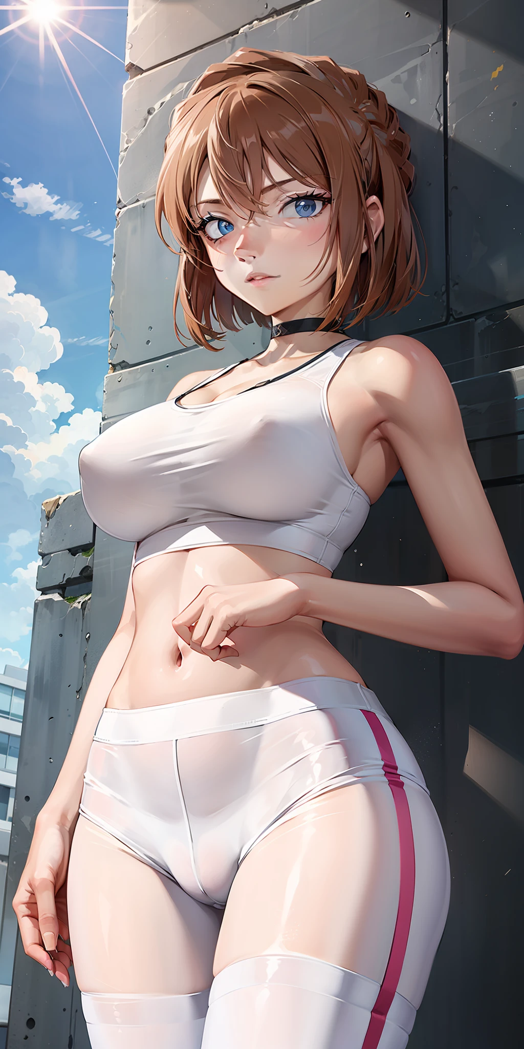 haibara,brown hair, blue eyes,bob cut,
jewelry, white yoga crop top, white yoga tight shorts, hands on chest,see-through, looking at viewer,  hair ornament, choker, shy,
(masterpiece, top quality, best quality, official art, beautiful and aesthetic:1.2), (1 girl), extreme detailed,  colorful, highest detailed,
(huge breasts:1.2,) upper body, from below,  cameltoe,
city,street, leaning,  wall, sun, cloud,