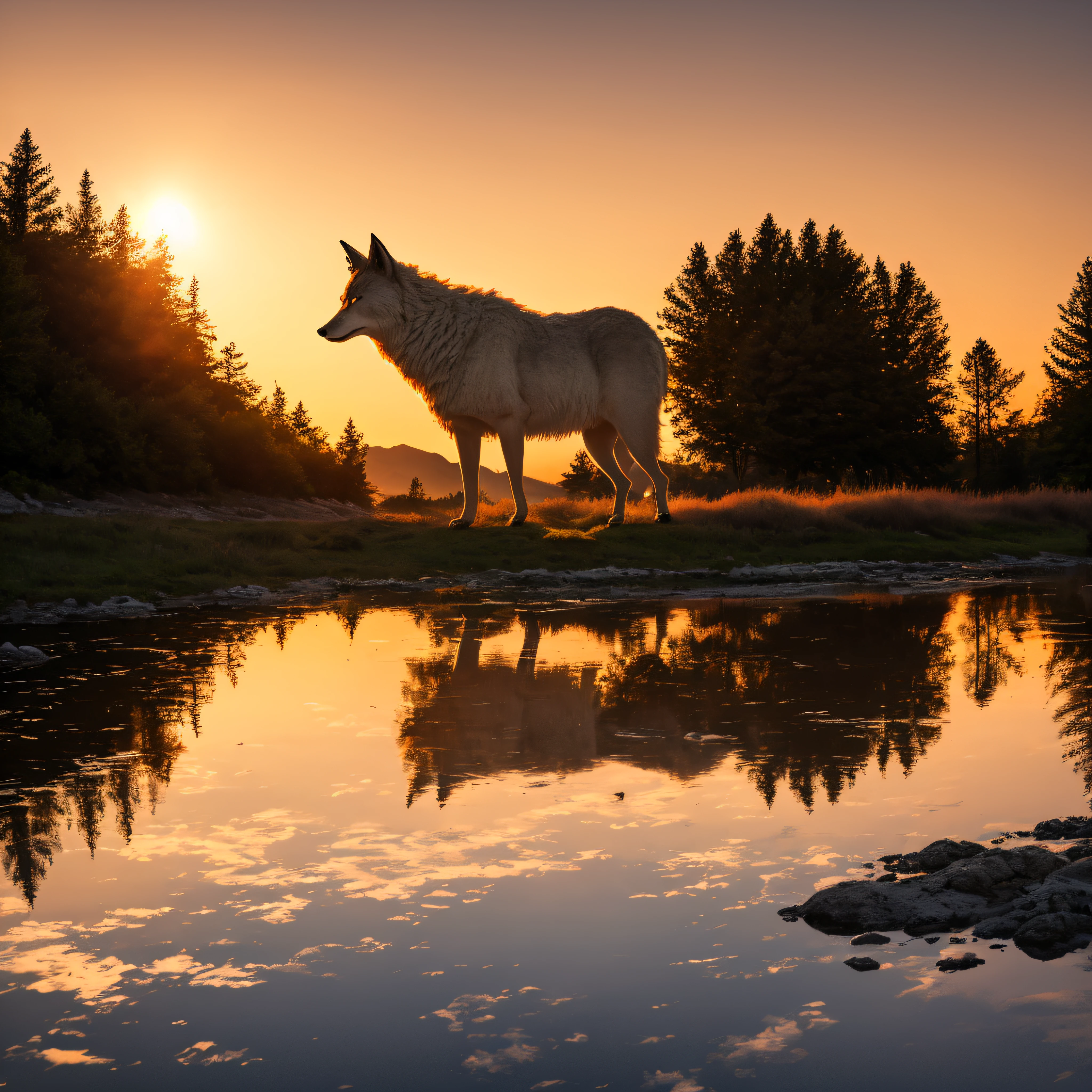 Loup en feu, aigle, ours, Coucher de soleil sur la montagne, reflection light, Canon, Fujifilm, lens flare, high quality, award winning, highres, 8k --auto