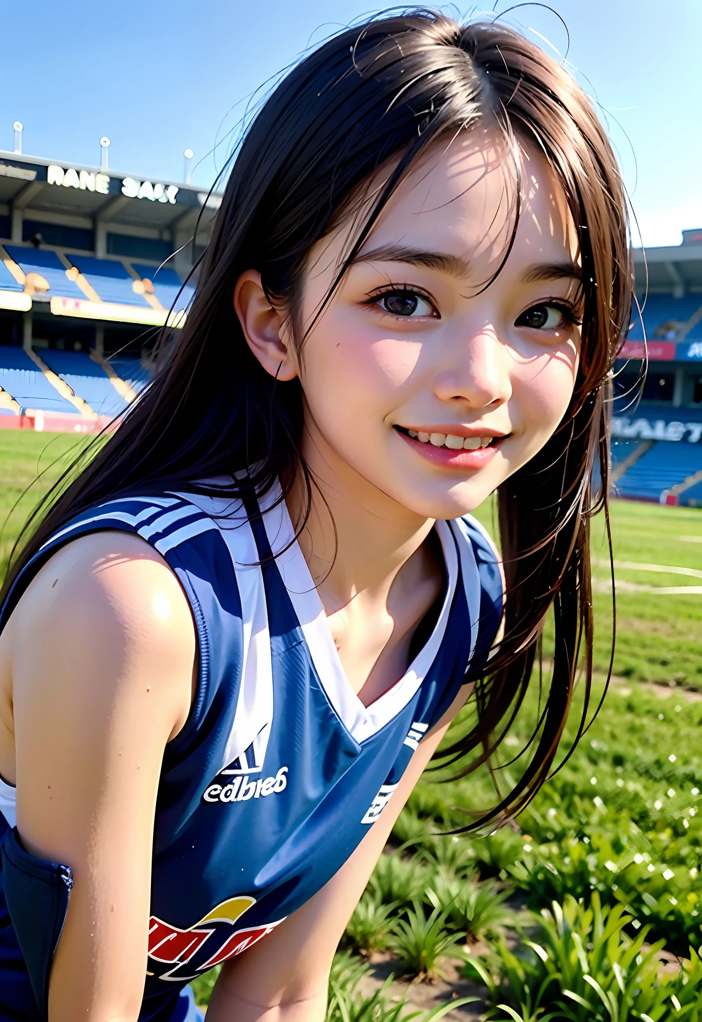 8K、Top image quality、masterpiece、夏天、Playing Soccer、 student、(1little girl)、In the fields、(Facial expressions that enjoy with all their might)、Cinematic lighting、Expressing the speed and dynamism of soccer、Happy smile immediately after scoring、Sweat dripping、Blueware