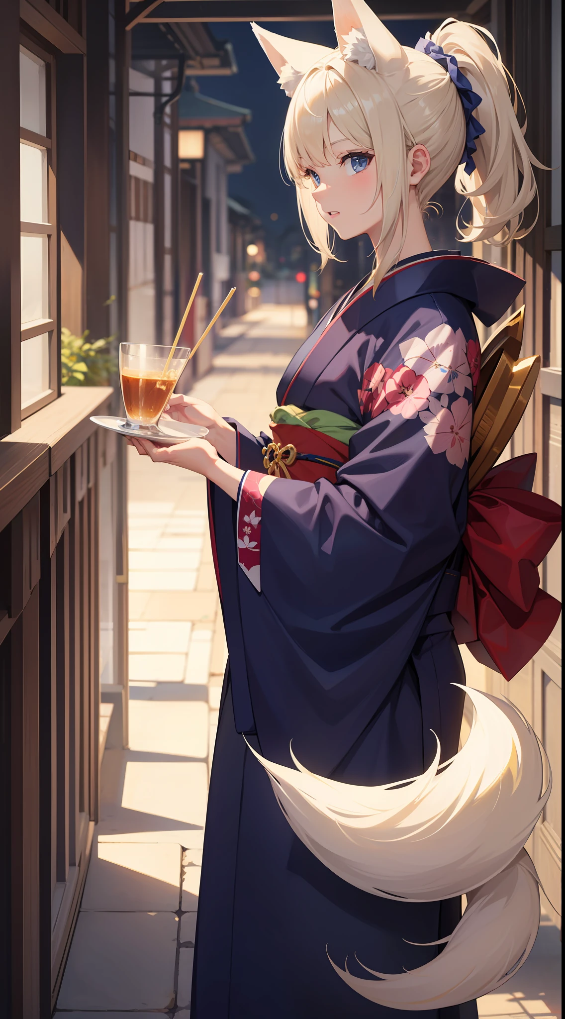 adult man, short blonde hair, white fox ears, high ponytail, blue eyes, Fox tails, kimono, Masterpiece, hiquality
