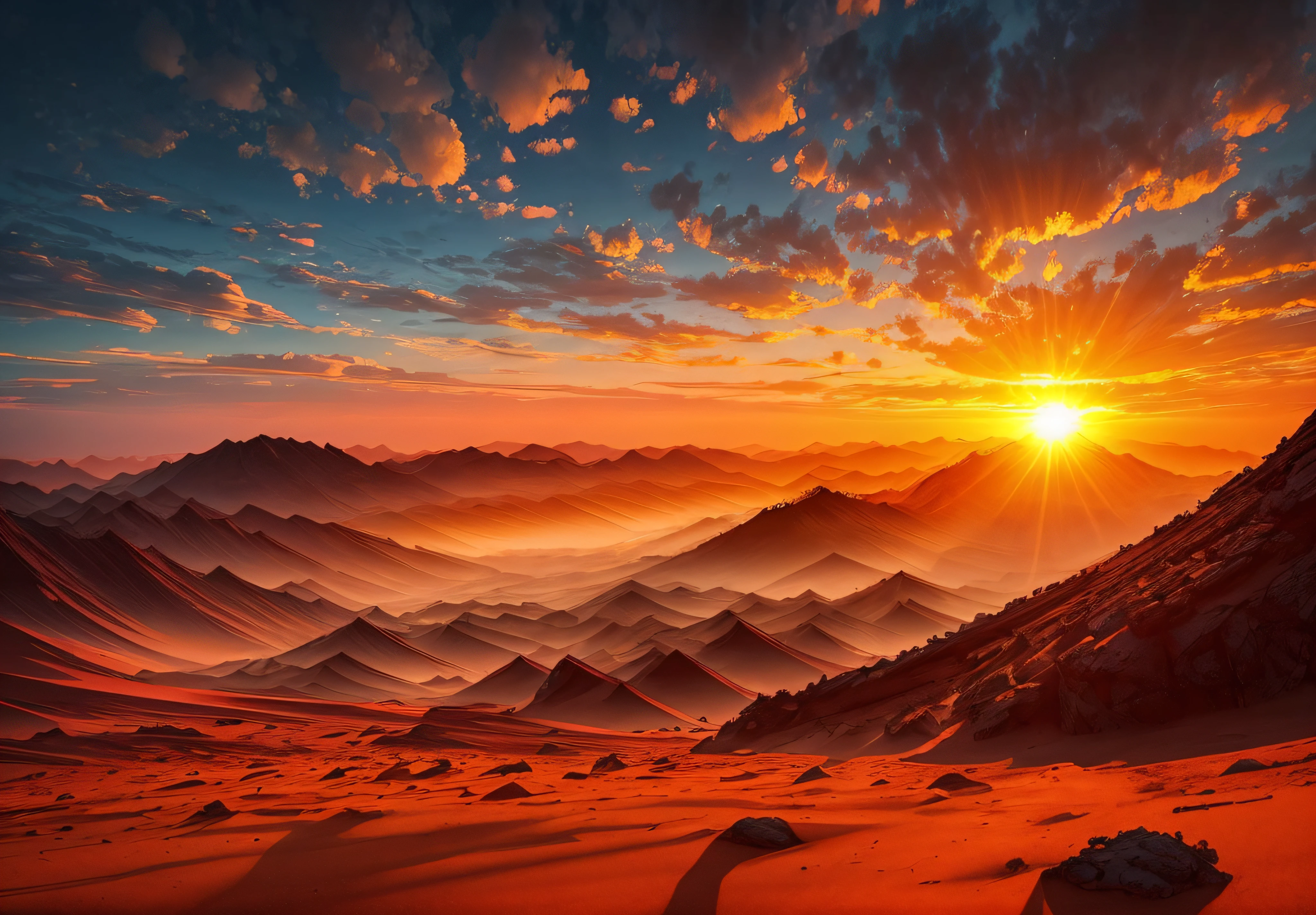 Amazing sunset on a new planet,It has many bright colors and warm lighting。The sun's rays pass through the clouds,Create dynamic shadows on the landscape。Highlights include the soft silhouette that hides the throne of glory,amarelo,(orange colors),Rolling mountains,Rizhao Jinshan,heal