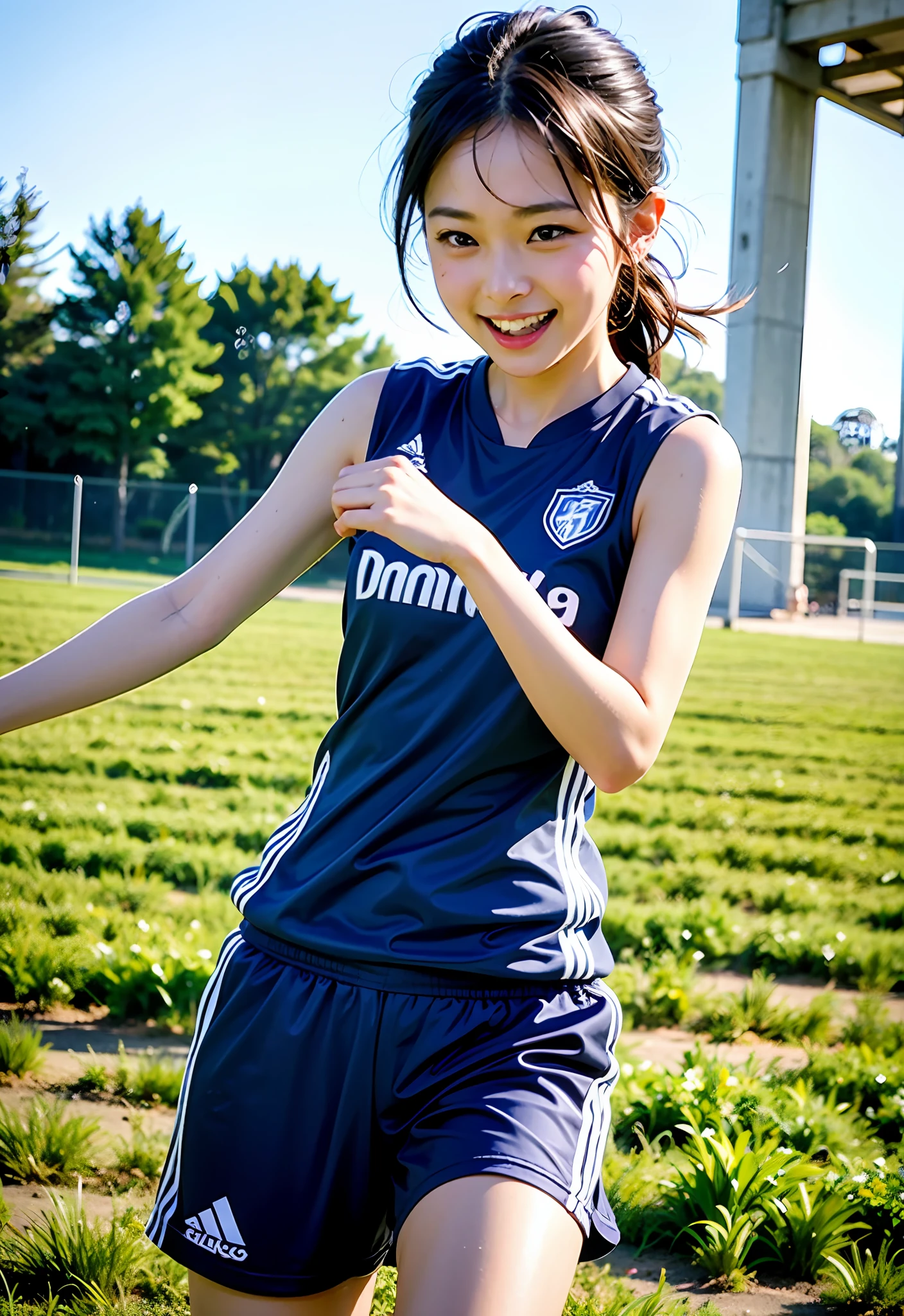 8K、Top image quality、​masterpiece、夏天、Playing Soccer、15yo student、(1little girl)、In the fields、(Facial expressions that enjoy with all their might)、Cinematic lighting、Expressing the speed and dynamism of soccer、Happy smile immediately after scoring、Sweat dripping、Blueware