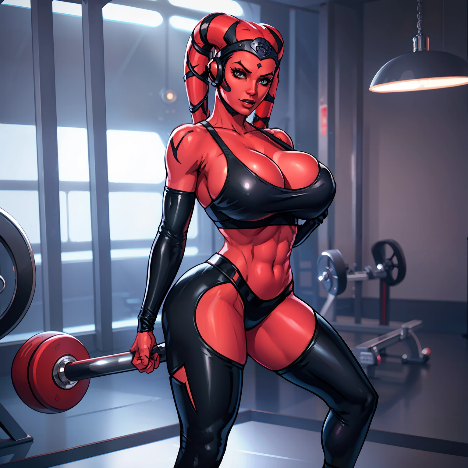 1girl, lithe Twi'lek babe with gigantic tits, busty, cleavage, , masterpiece, best quality, high-definition, ((red skin), twi'lek), evil space knight, space ninja, (wearing black sports bra, leggings, ((busty)), slender body, thin, slim sexy body, slim waist, (((huge breasts)))), futuristic gym,, Star Wars, dancer,