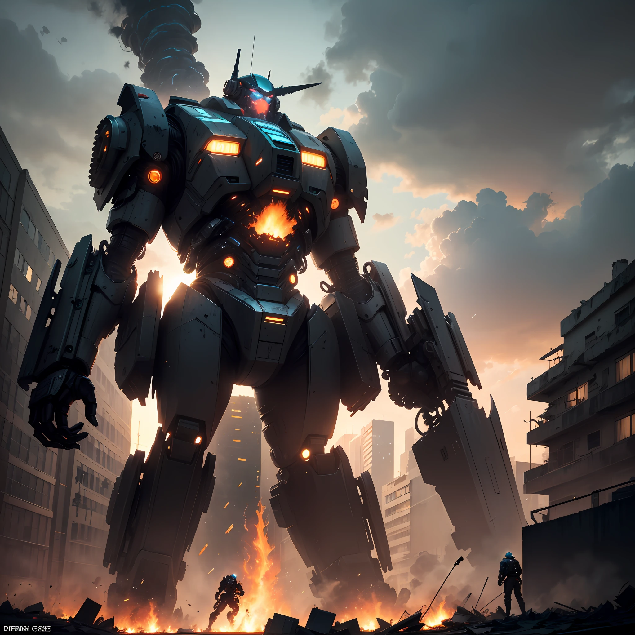 Giant Dark Mech 1.2，cyber punk perssonage，Destruction in the city of the future，8K，the detail，Steel texture，Sense of oppression，Mechanicalweapon，Dark clouds burning sky，well-illuminated，Energy knives，Heavy mech，Destruction of cities，Damaged houses