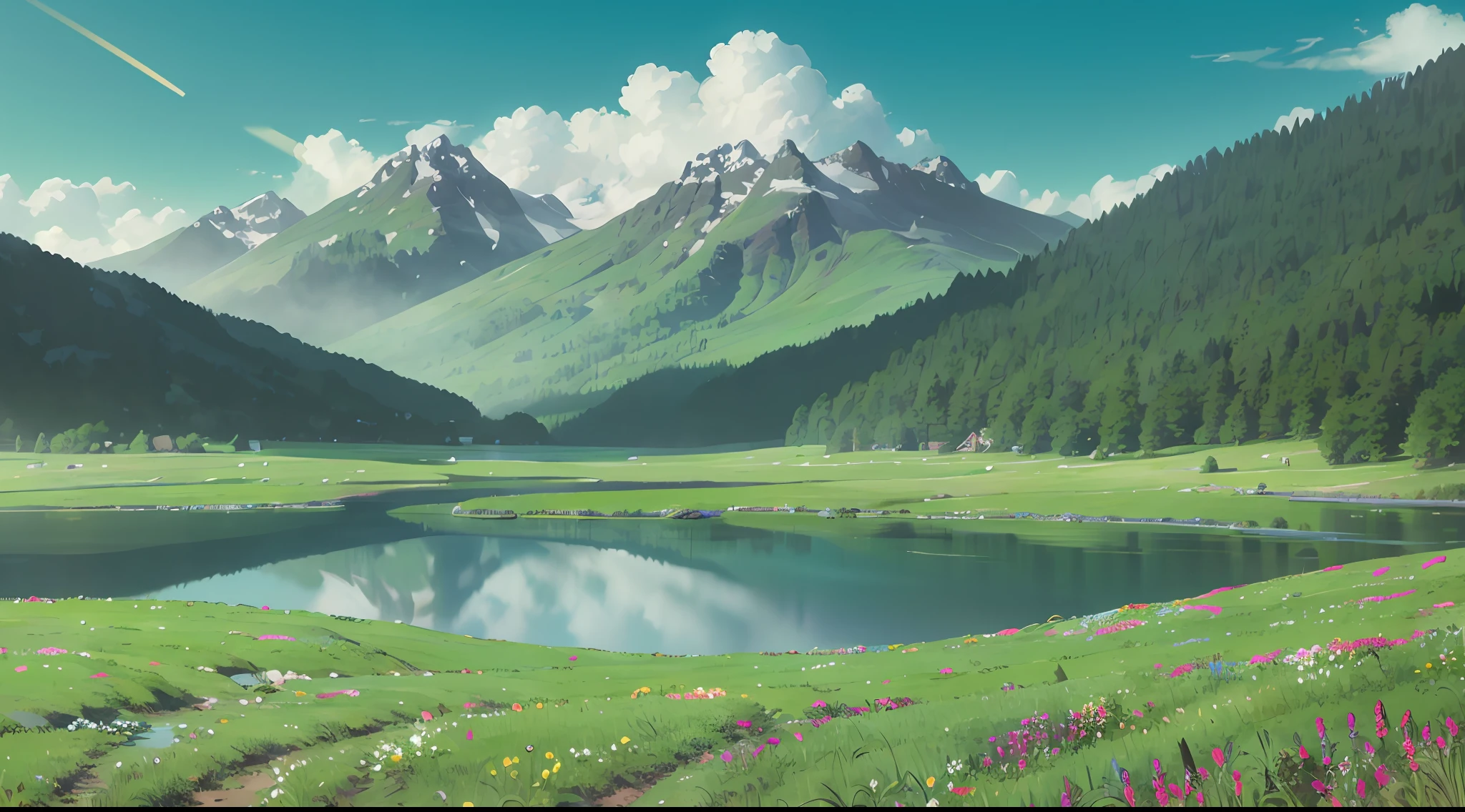 PC Wallpapers,freshen,Eye protection,green color,blue-sky,rays of sunshine,Greenery,grass field,ln the forest,lake water