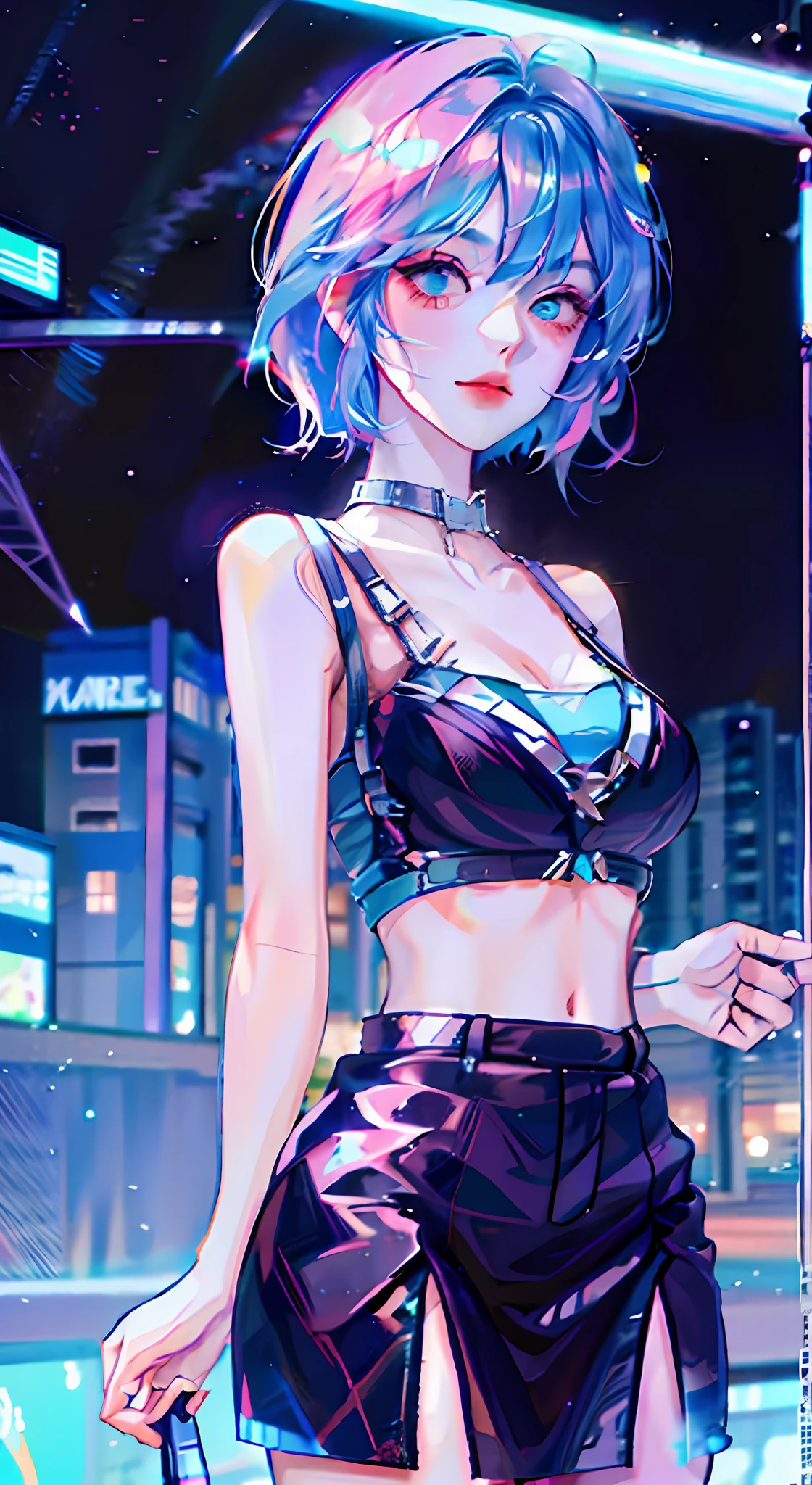 blue green hair，short detailed hair，Neon Street，Cool top，starrysky，Cyberwind