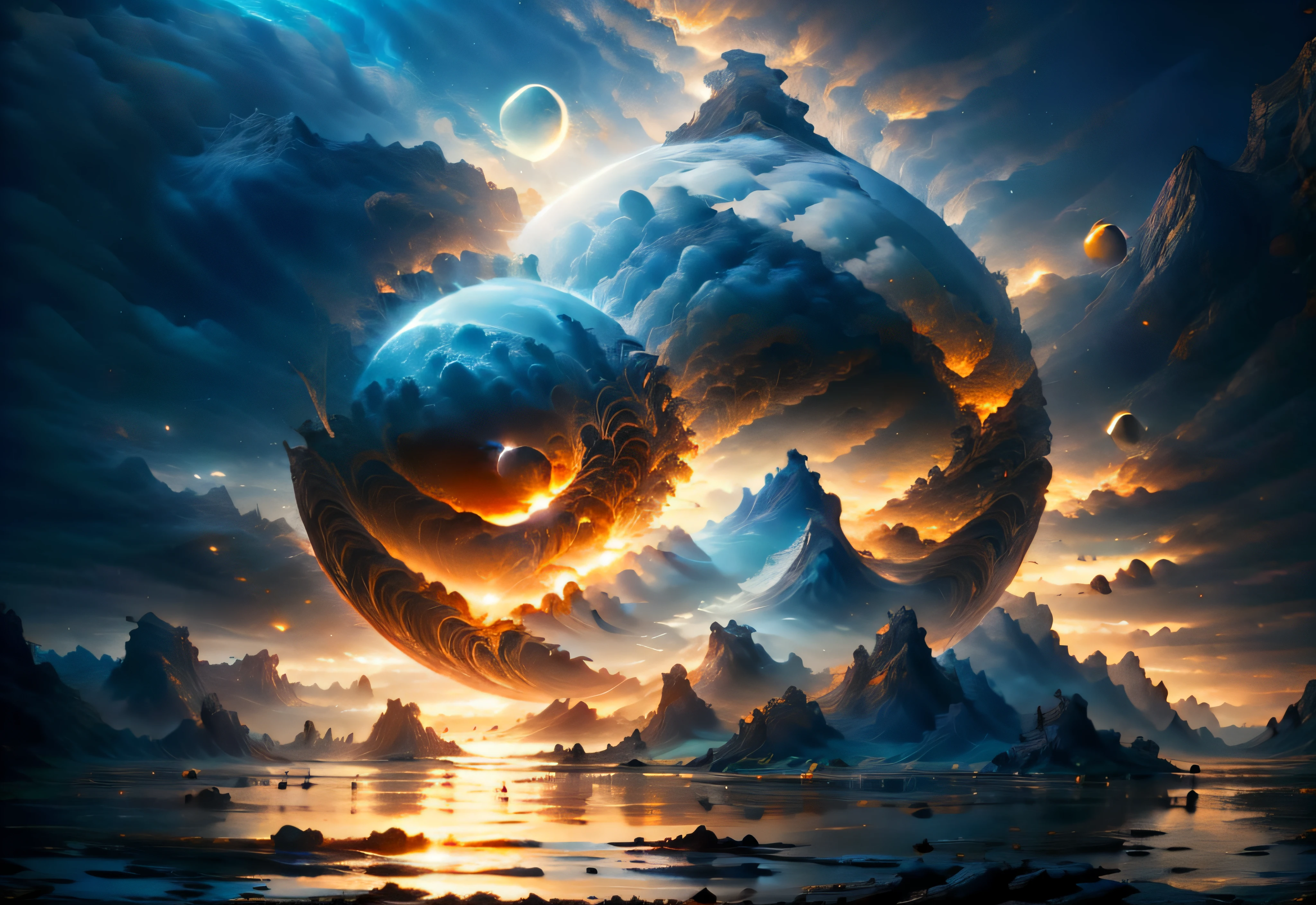 mountains and a lake with a moon in the sky, 4k highly detailed digital art, 4 k hd wallpaper very detailed, impressive fantasy landscape, sci-fi fantasy desktop wallpaper, unreal engine 4k wallpaper, 4k detailed digital art, sci-fi fantasy wallpaper, epic dreamlike fantasy landscape, 4k hd matte digital painting, 8k stunning artwork