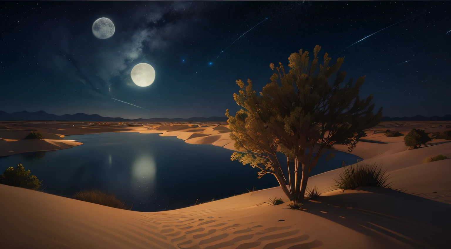 Hapyrus, hapyrus swaying in the wind, dune, night, fantastic atmosphere, full moonlit night, desert oasis, lake, clear water,