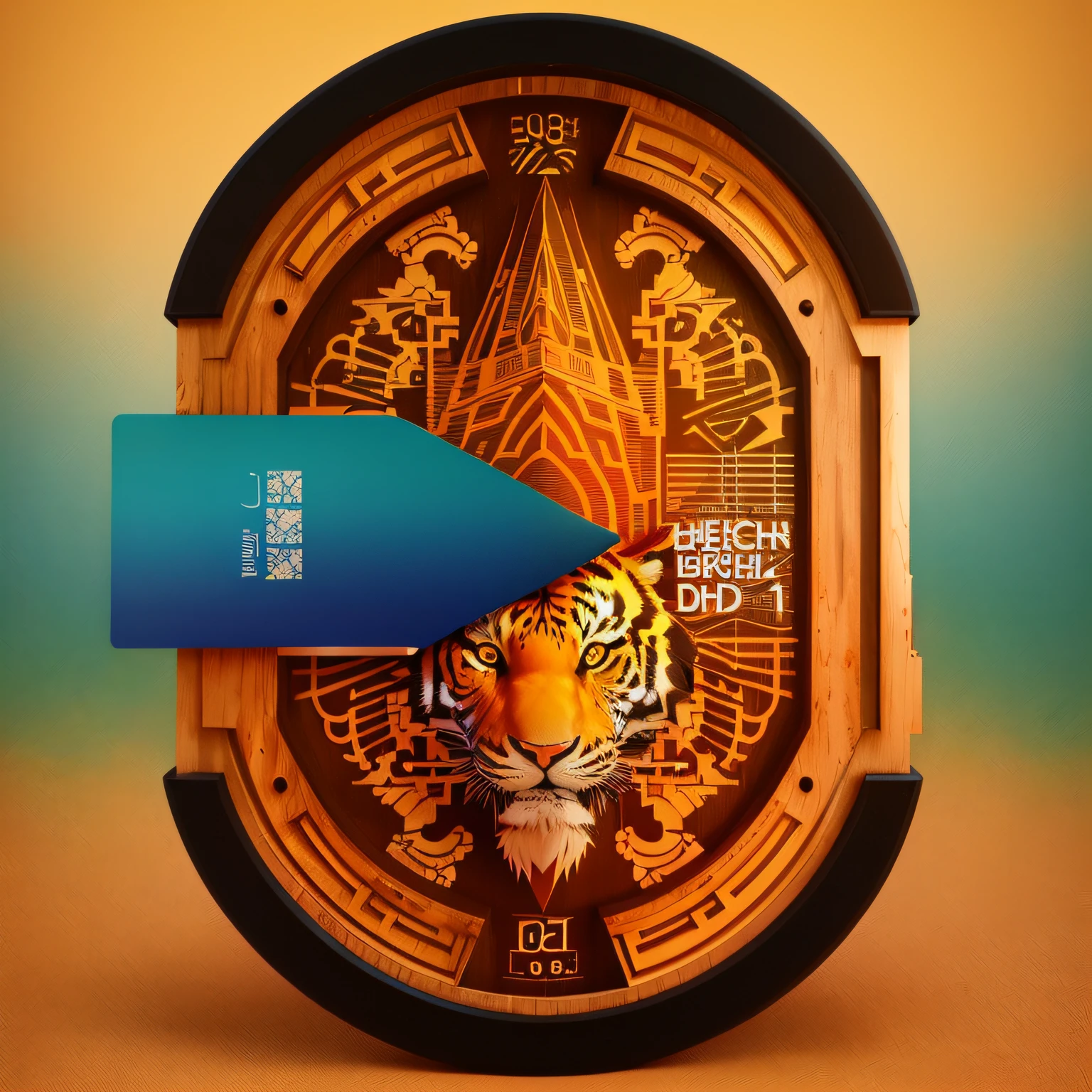 There is a tiger's head with a blue card on the clock, Blue Card writes "Perch D" and "Design Pavilion" Behans 3D Art Trends, trend on behance 3 d art, trend in behance hd, behance contest winner, behance 3d, 2012, 2 0 1 2, depicted as a 3 d render, best of behance