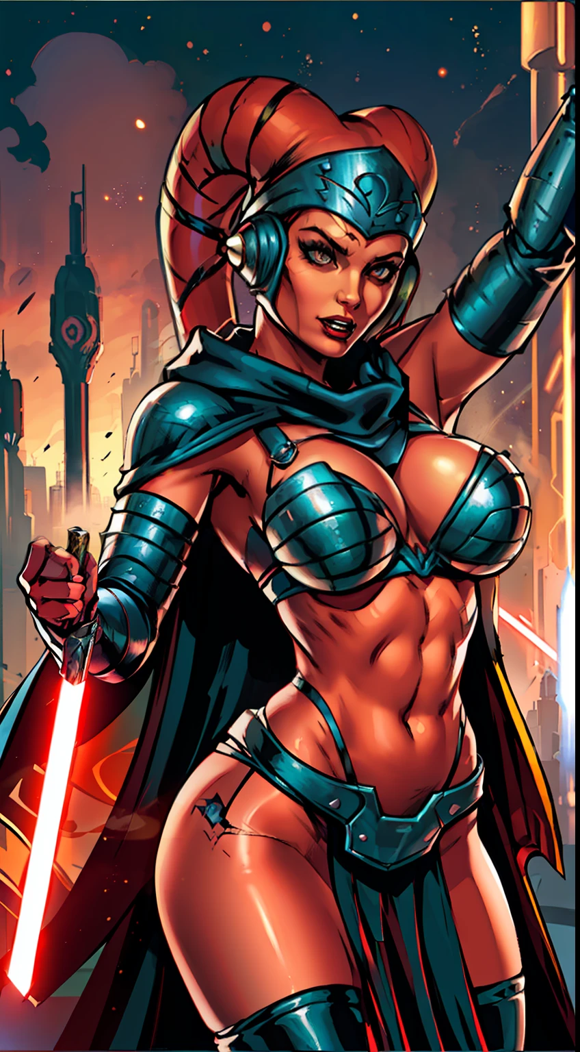 1girl, ((raised fist, propaganda poster, sexy pose)), (tall, lithe body, sexy, busty), masterpiece, best quality, high-definition, armor, busty, ((red skin), twi'lek), dual red lightsabers, sexy evil space knight, space ninja, (wearing black robes, black stealth armor, breastplate, tunic, tabard, cowl, cloak, body glove, straps, buckles, skirts, long sleeves, fantasy, ((armor))), ((busty), slender body, thin, slim sexy body, slim waist, ((huge breasts))), Imperial starship, Star Wars, military parade