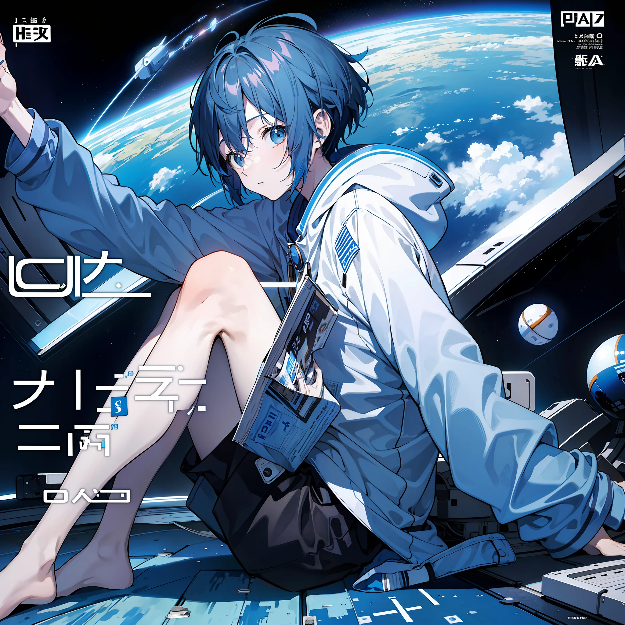 masterpiece, best quality, full body, (1boy), (blue astronaut suit), (Boy Messy Japanese Round Haircut for Thick Hair), (blue hair), black shorts, (solo), (magazine:1.3), (cover-style:1.3), fashionable, in side space station, zero gravity