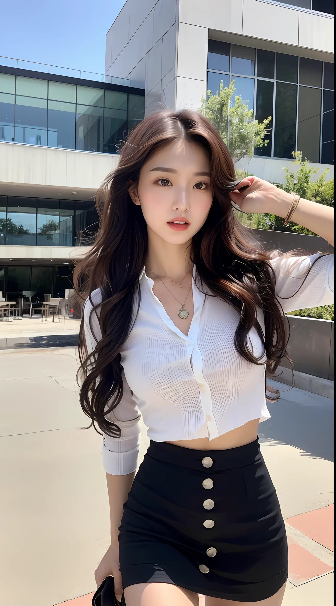 (Best quality, high resolution, masterpiece: 1.3), a tall and beautiful woman, slender abs, dark brown hair in loose wavy styling, breasts, wearing a pendant, white button-down shirt, black skirt, (modern architecture in the background), face and skin texture in beautifully presented details, detailed eyes, double eyelids