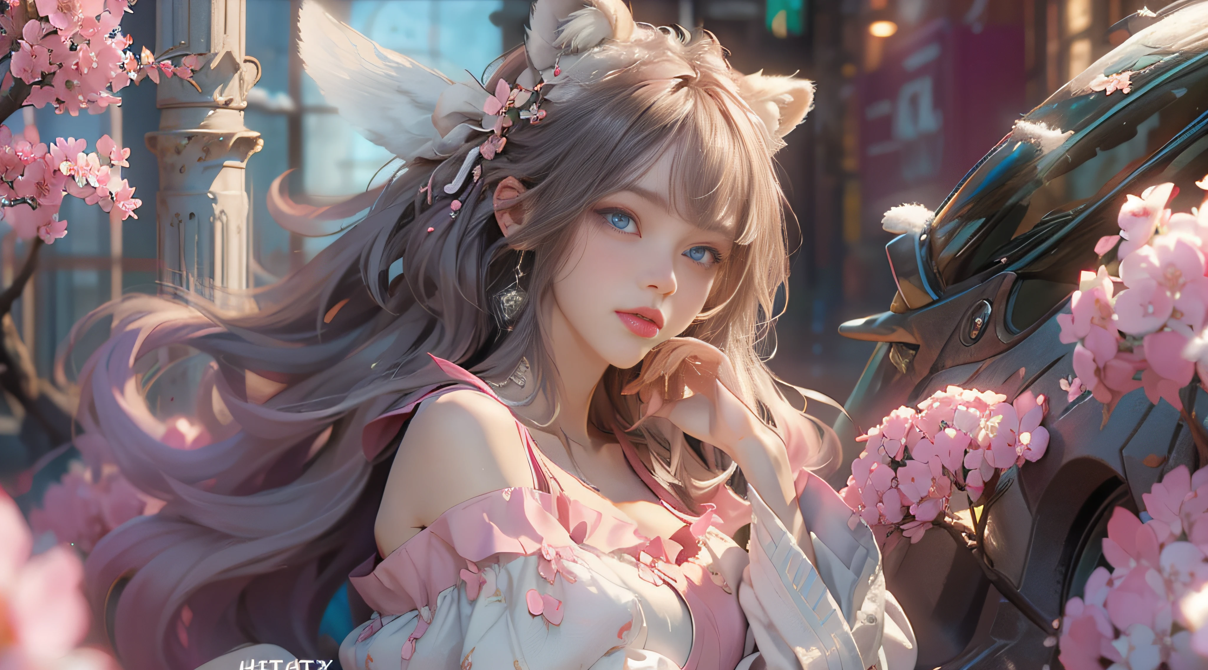 （（best qualtiy））， （（tmasterpiece））， （detail：1.4）， Beautiful cyberpunk female images，hdr（HighDynamicRange），Ray traching，NVIDIA RTX，Hyper-Resolution，illusory 5，sub surface scattering，PBR textures，post-proces，Anisotropy Filtering，depth of fields，maximum definition and sharpness，Many-Layer Textures，Albedo e mapas Speculares，Surface coloring，Mitsu-Accurate simulation of material interactions，perfectly proportioned，rendering by octane，Two-colored light，largeaperture，Low ISO，White balance，Rule three points、8K raw data、Beautiful bright blue pupils，off-the-shoulder clothes，Fine pupils，Delicate face and eyes，long eyelasher，Blushlush，Delicate and fluffy hair，pink lip，Pure，Cute face，Sweet girl，Artistic sense，Casual wear，Advancedsense，butterflys，Cherry blossom petal，Beautiful hair accessories，Long hair and waist，Hair fluttering in the wind，Snow-white fox ears，curlies