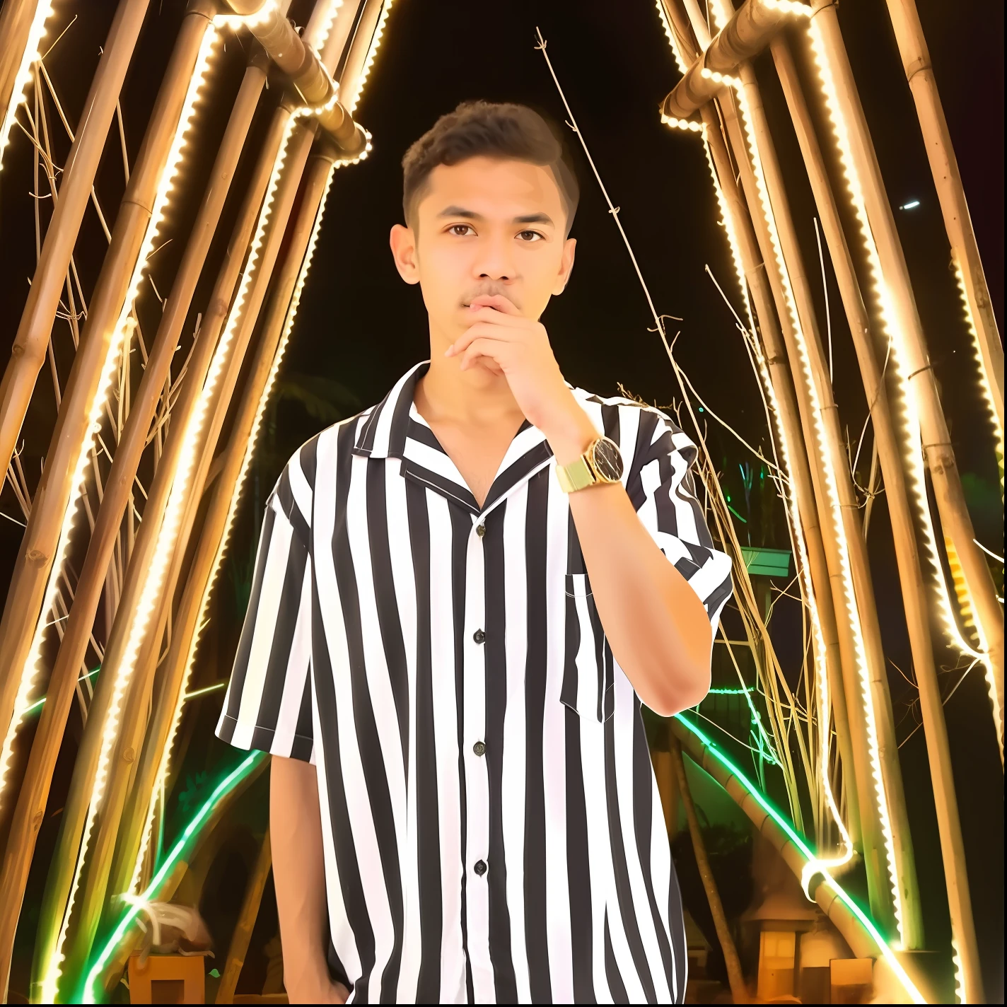 arafed man in a striped shirt standing in front of a lit up tunnel, wearing stripe shirt, mohamed chahin style, smooth in _ the background, low quality video, inspired by Byron Galvez, during night, inspired by Yosa Buson, stripes, on jungle night !!!, inspired by David Diao, in a candy forest! at night