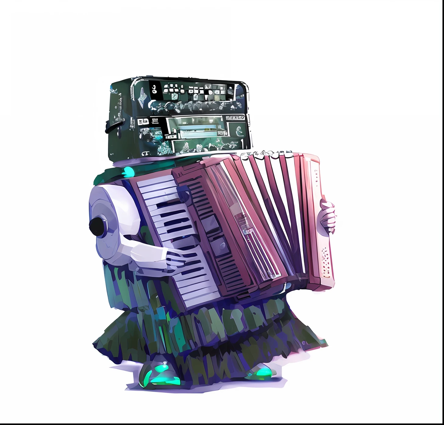 Close up portrait of robot playing accordion isolated on white background, Droid, Pitt Digital Art, by Jason Teraoka, beautiful robot character design, by Andrei Kolkoutine, by Ludwik Konarzewski, The band name is Roborock, Salvia Droid