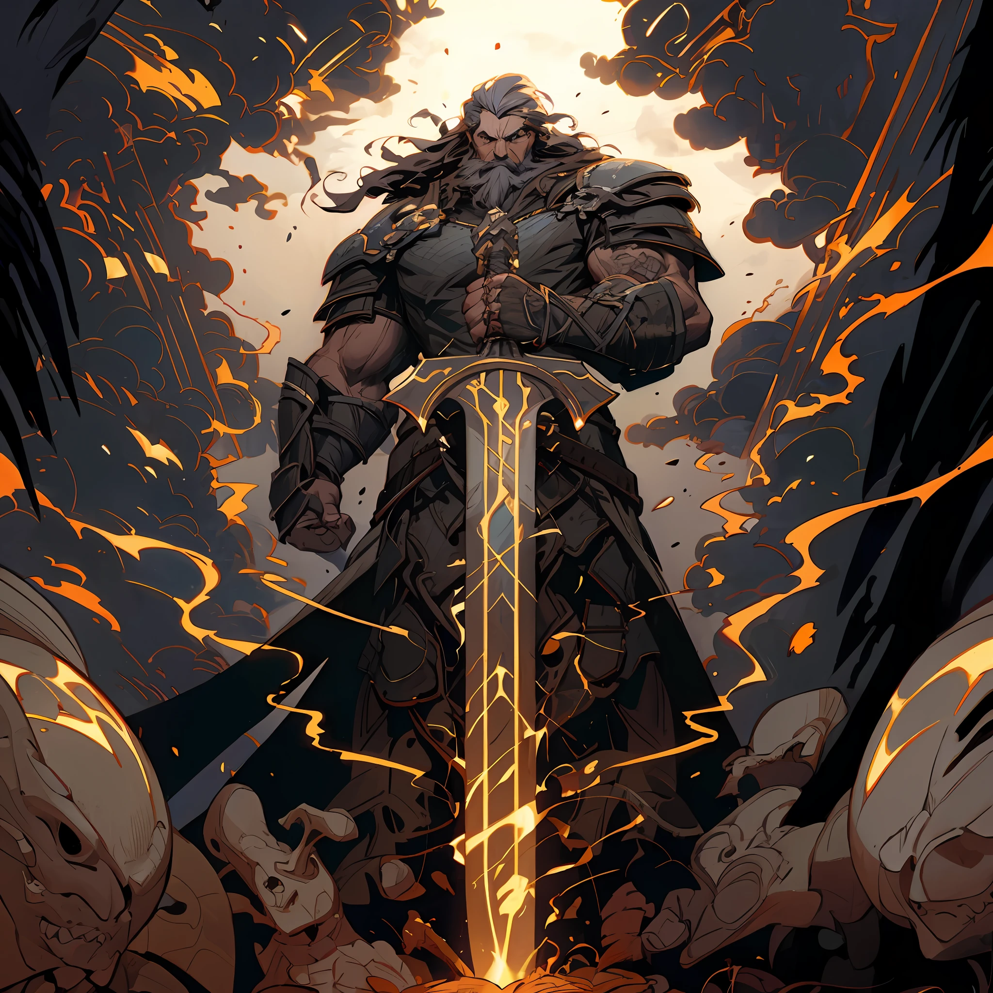Close-up of a man holding a sword on fire, by Tyler Jacobson,darksiders art style, Peter Mohrbacher. illusory engine, author:Noah Bradley, Noah Bradley. Sharp focus, Epic fantasy style art, author:Adrian Zingg, balrog, The sword of darkness in Ares' hand, style of peter mohrbacher, author:Jorge Jacinto