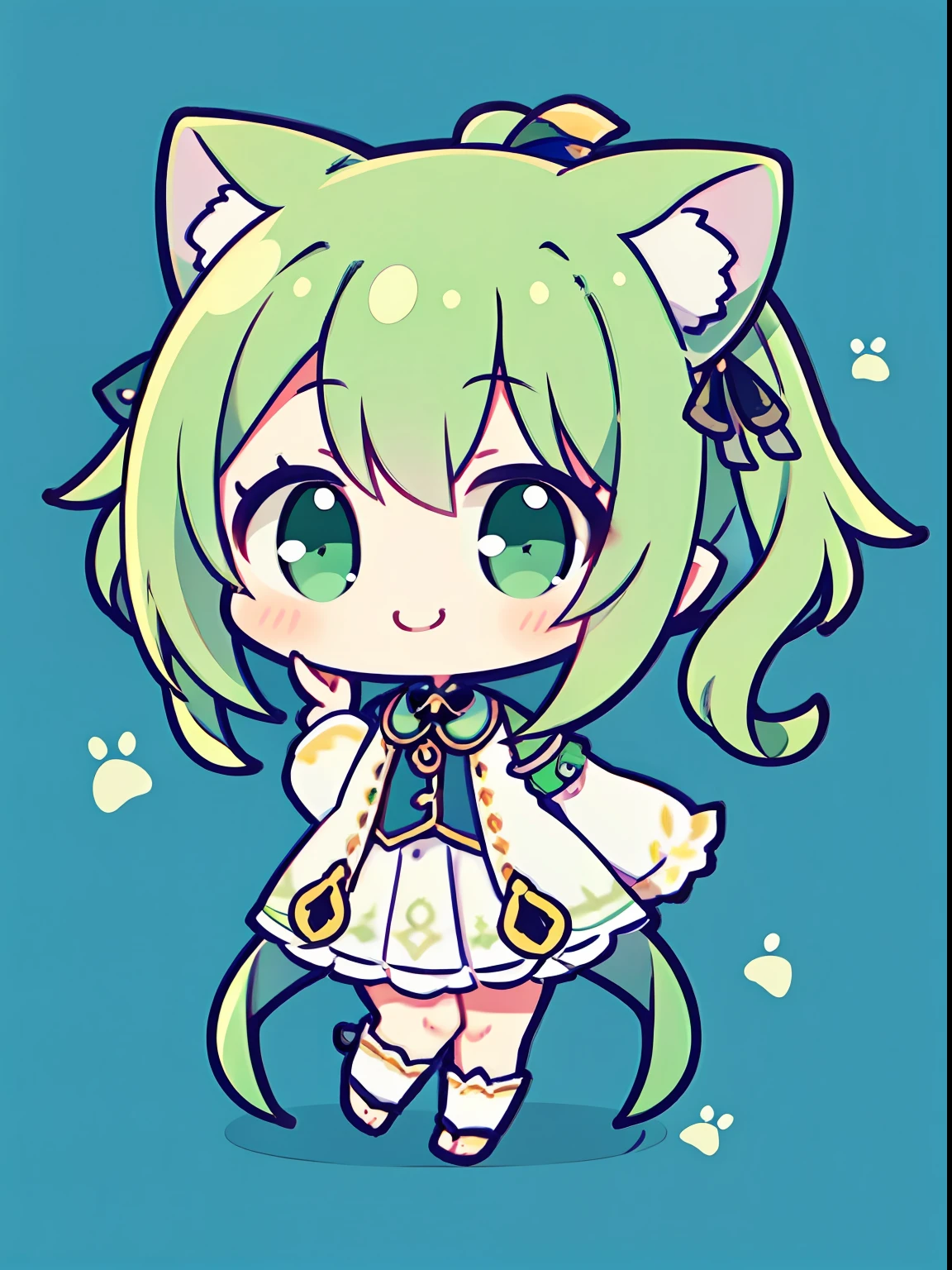 ​masterpiece, top-quality,  Chibi, Beautiful feet、full body Esbian, Running, Waving hands, 1girl in,Color 0n icon、ik1、Full body depiction, 1girl in、Jade-colored jacket、cartoon bone、Chibi:1,Chibikyara, Green Hair Anime Girl, Black cat ears, cowboy  shot, , ribbon-trimmed sleeves, Ribbon trim, side locks, A smile, 独奏, Wide sleeves, dynamicposes, Chibi, full body Esbian, white backgrounid, solidbackground, simple background,