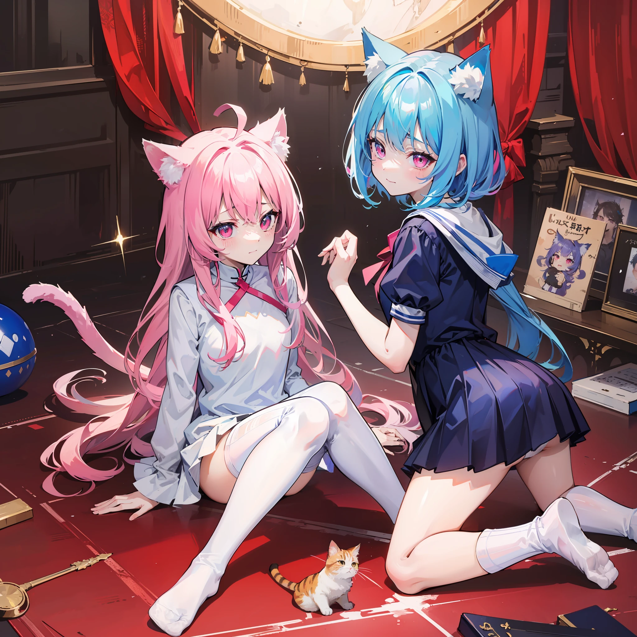 （Blue and pink hair are mixed together1:2），Azure dress，sat on the ground，white  panties，（tmasterpiece），（best qualtiy），Be red in the face，Pink eyes，1girll，White tube socks，cat ear，（1girll）