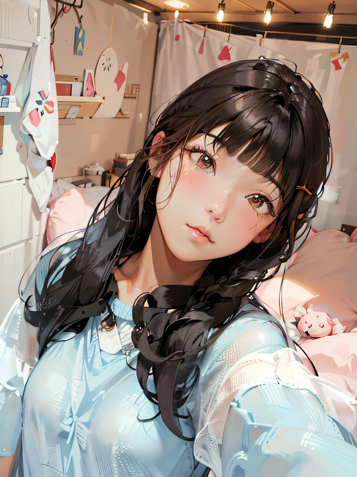 There was a woman taking a selfie in her bedroom, long whitr hair，Thick bangs, tidy hair，By bangs, Long hair with bangs, Brown hair long，By bangs, brown  hair，By bangs, young cute wan asian face, brown hair and bangs, Ruan cute vtuber, black hime cut hair, Asian girl with long hair, kawaii hair style