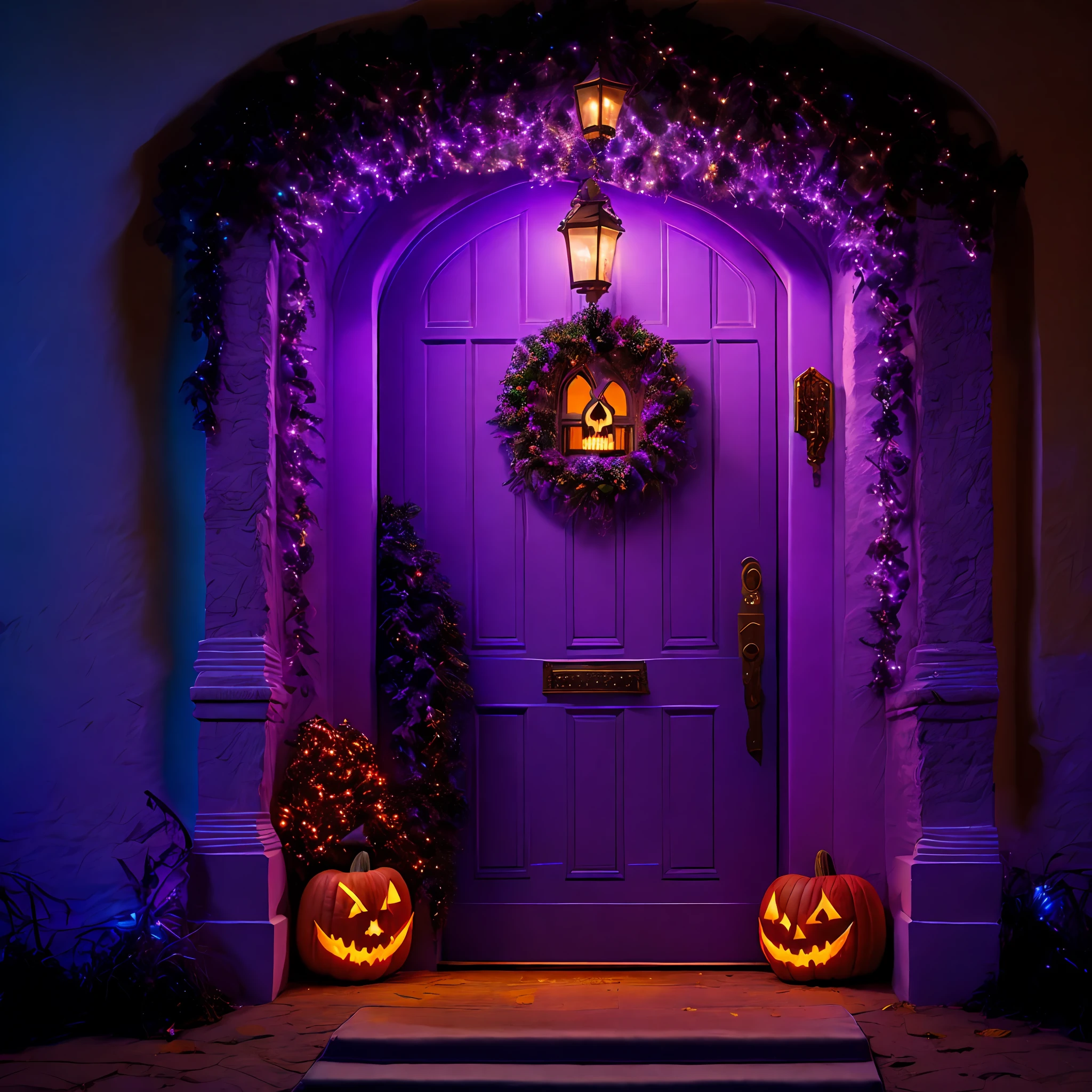 The setting is set on an eerie night,A gate with staircase steps,It emits a purple dim light,Under the door are white skulls and skeletons and other Halloween holiday decorations,There are also eerie garlands on the door panels、