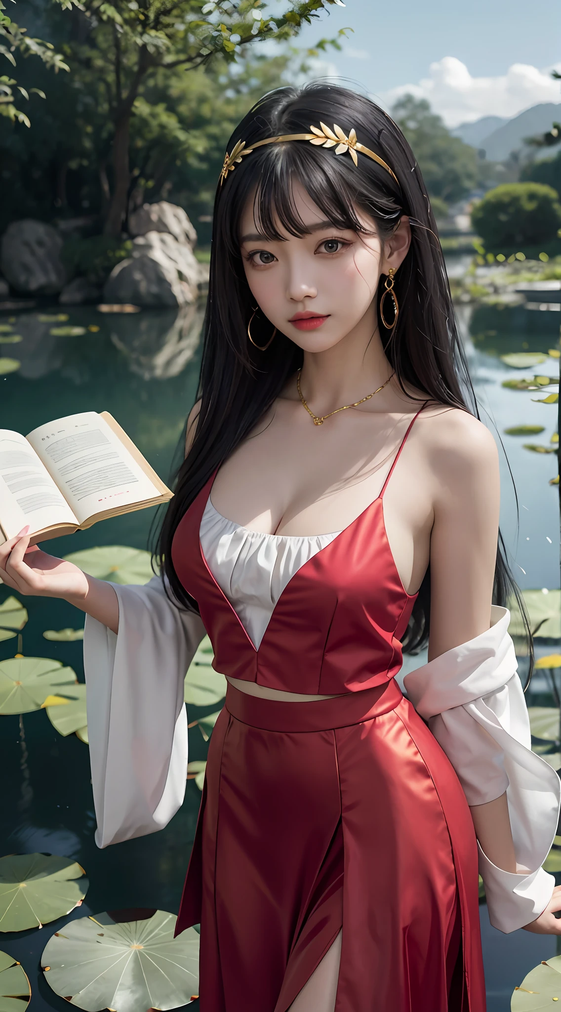 (tmasterpiece,best qualtiy), 独奏, Detailed doujin art,High-quality doujin art, best photos, 8K quality, 8K Ultra,closeup cleavage,is a slim and cute anime woman,1girll, 独奏,Put on the new clothes of the civilization of the Republic of China,In the lotus pond,The lotus pond is full of lotus flowers,The skirt swayed slightly in the breeze,Holding a book in his hand,face to the viewer, Black hair,鎖骨, trinkets, Red eyes, side locks, Blush, golden hairband, 耳Nipple Ring, shairband, hair adornments, Closed mouth, Very long hair, bangs, Gold earrings,Digital SLR , Soft light,Proportionally accurate