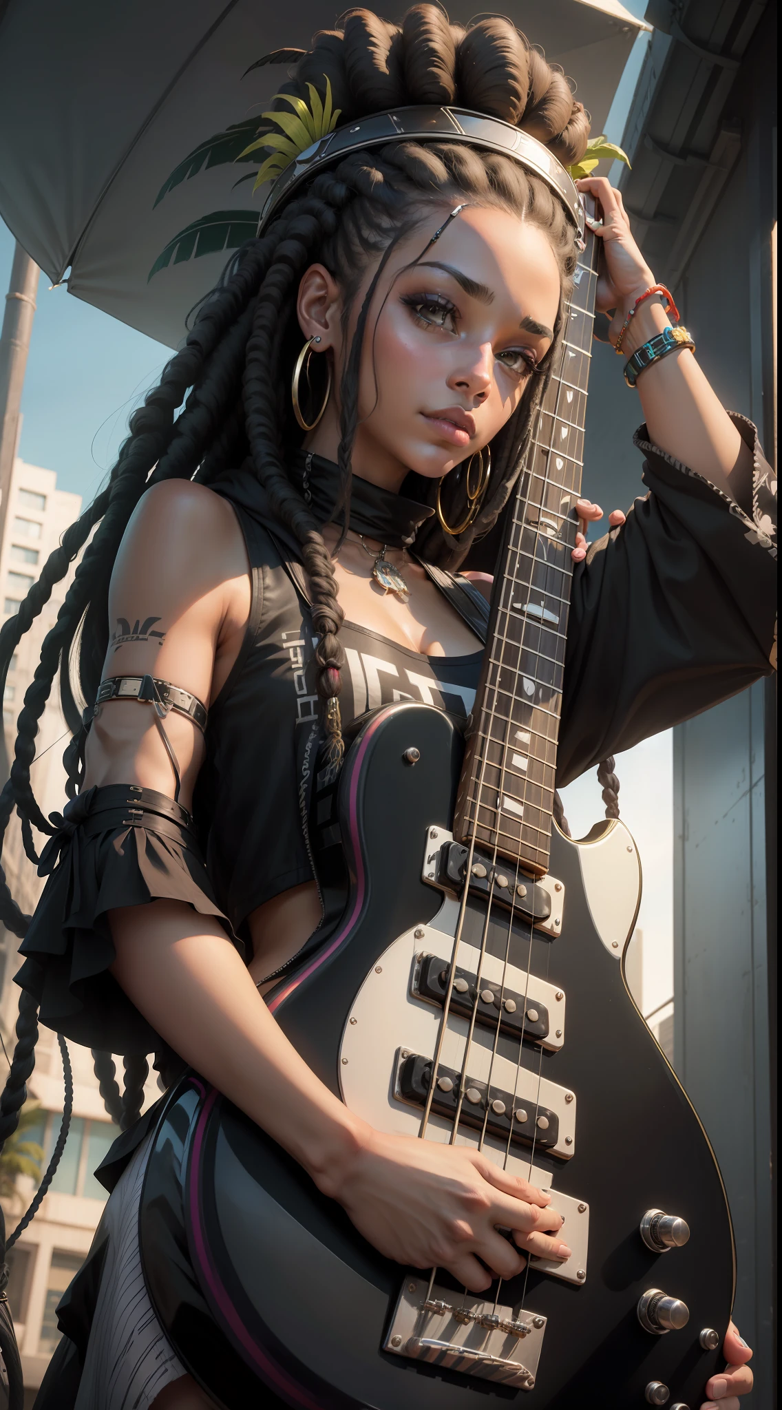 Une jolie femme noir bassiste, The Dreadlocks headdress plays electric bass with a futuristic tropical city in the background, palmiers, Soleil, Aspect ratios, highly quality, pas de... attitude!