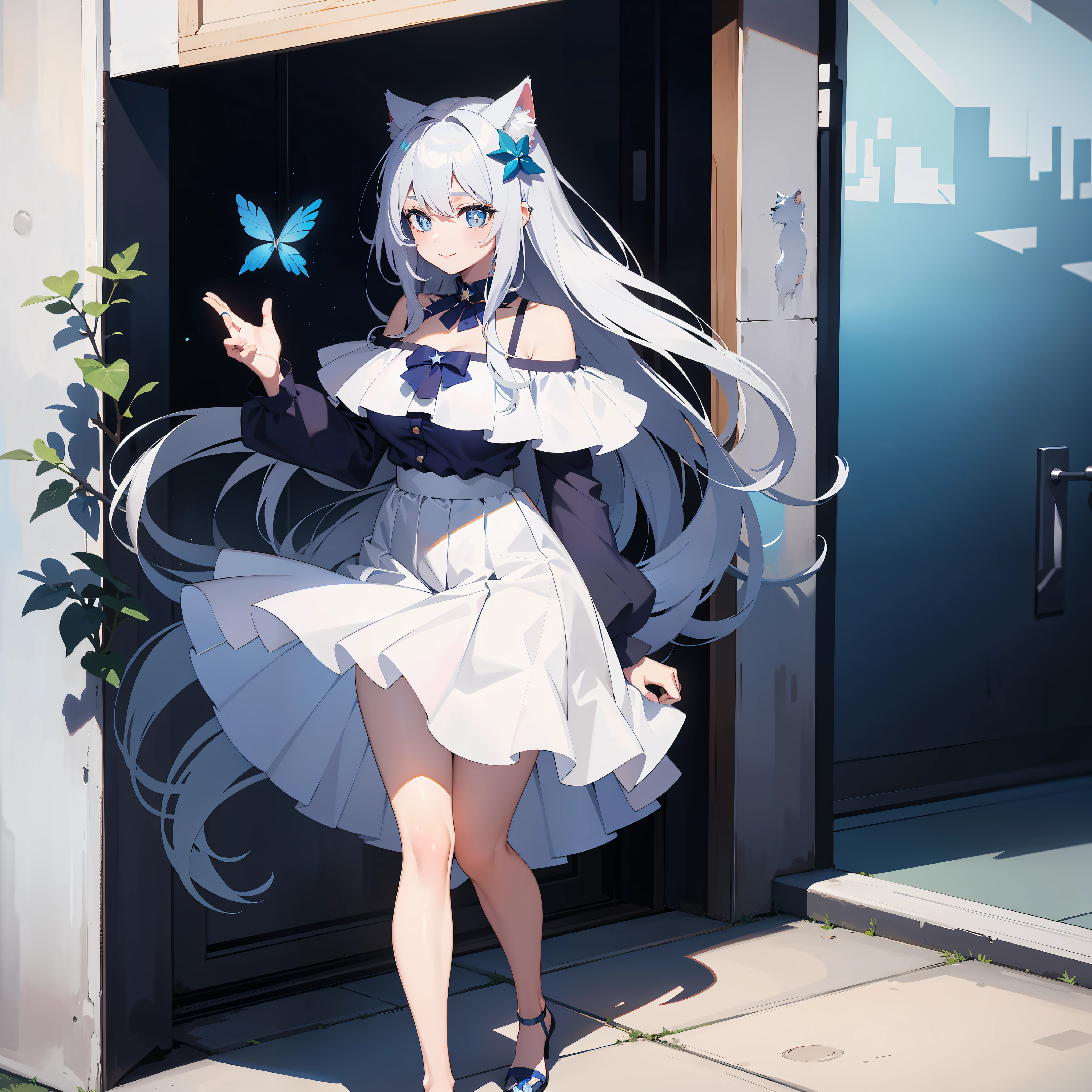 2D， tmasterpiece， best qualtiy， anime big breast， highly  detailed， solo person， 独奏， White hair， long whitr hair， cat ear， Off-the-shoulder white shirt， Pleated skirt in blue color， mediuml breasts， standing on your feet， florals， ssmile，one-girl，blue colored eyes，Star eyes，blue butterfly hair ornament，Leg rings