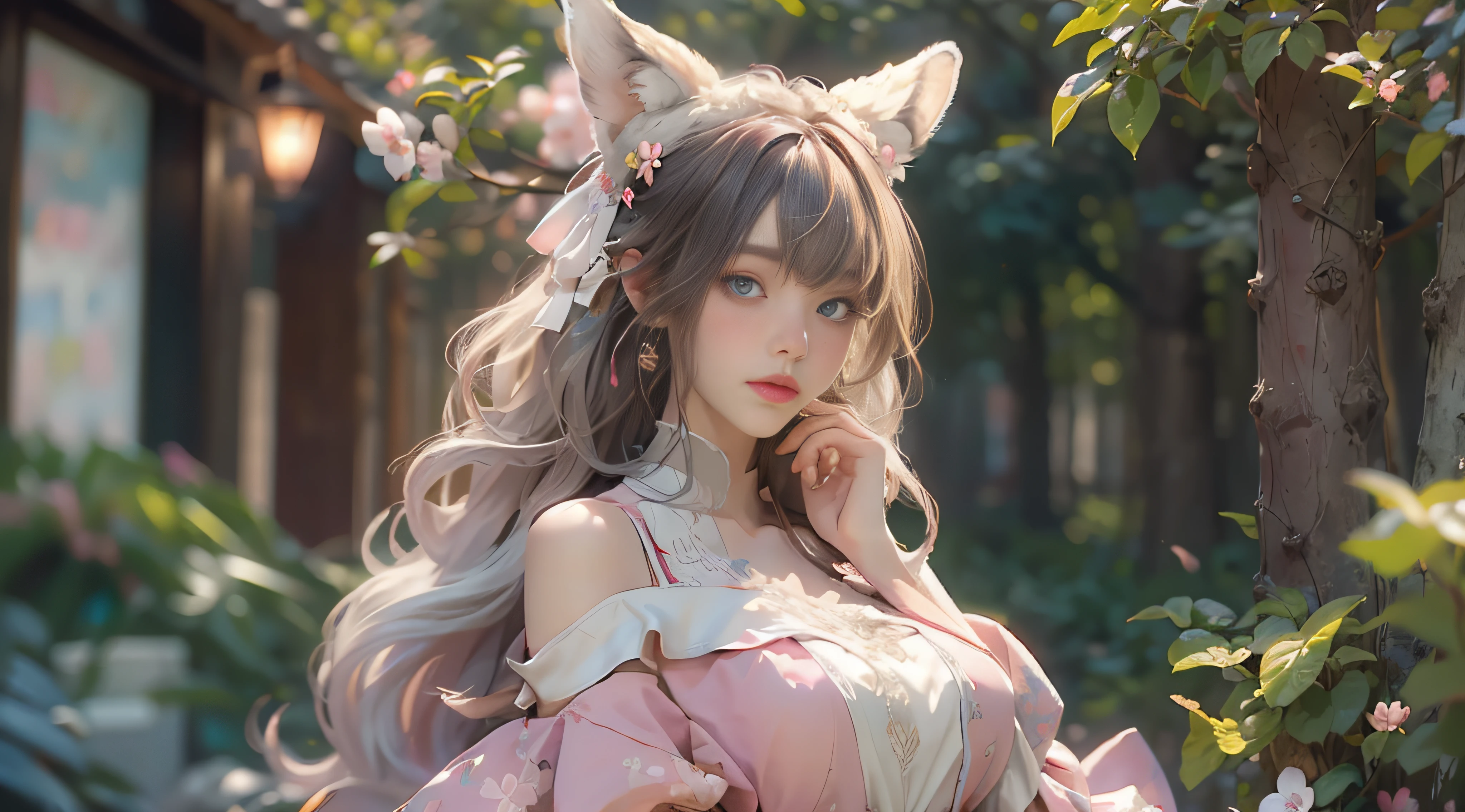 （（best qualtiy））， （（tmasterpiece））， （detail：1.4）， Beautiful cyberpunk female images，hdr（HighDynamicRange），Ray traching，NVIDIA RTX，Hyper-Resolution，illusory 5，sub surface scattering，PBR textures，post-proces，Anisotropy Filtering，depth of fields，maximum definition and sharpness，Many-Layer Textures，Albedo e mapas Speculares，Surface coloring，Mitsu-Accurate simulation of material interactions，perfectly proportioned，rendering by octane，Two-colored light，largeaperture，Low ISO，White balance，Rule three points、8K raw data、Beautiful bright blue pupils，off-the-shoulder clothes，Fine pupils，Delicate face and eyes，long eyelasher，Blushlush，Delicate and fluffy hair，pink lip，Pure，Cute face，Sweet girl，Artistic sense，Casual wear，Advancedsense，butterflys，Cherry blossom petal，Beautiful hair accessories，Long hair and waist，Hair fluttering in the wind，Snow-white fox ears，curlies