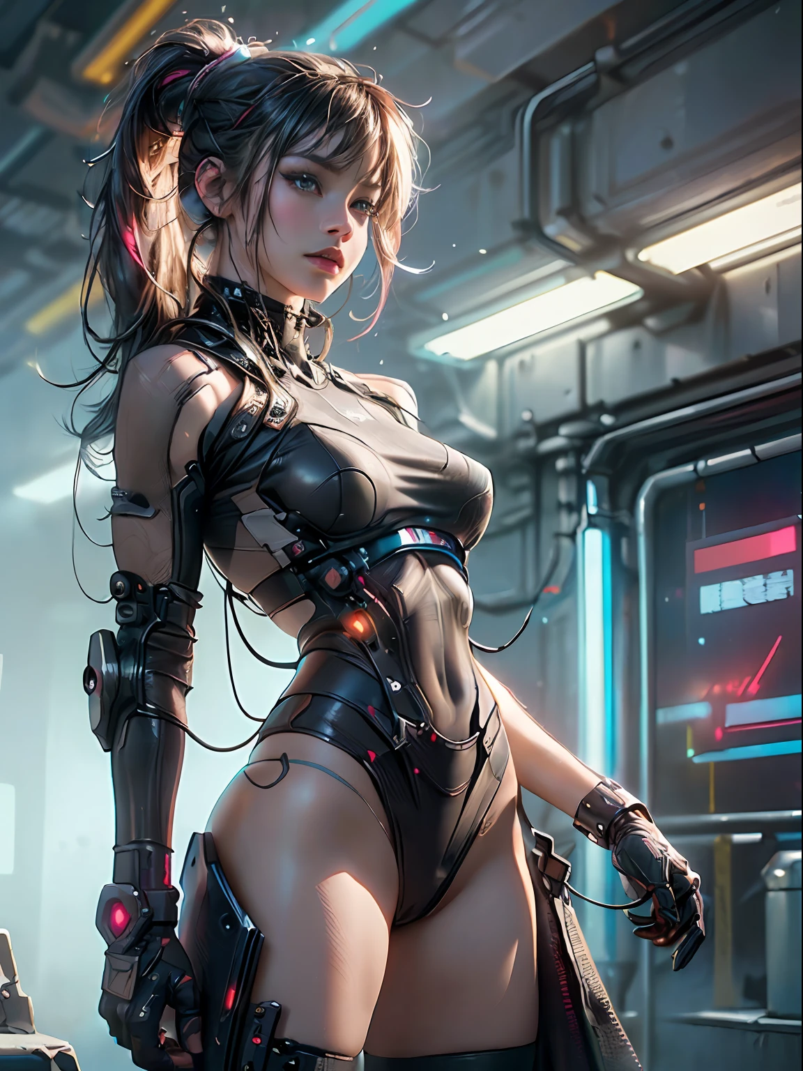 cyber punk Girl,(top-quality、8K、32K、masterpiece、nffsw:1.3)、(The ultra -The high-definition)、(Photorealsitic:1.4)、Raw photography、The upper part of the body,Charming perfect figure,actionpose:1.2,Detailed cyberpunk fashion、World of Cyberpunk,depth of fields,blurry backround,、