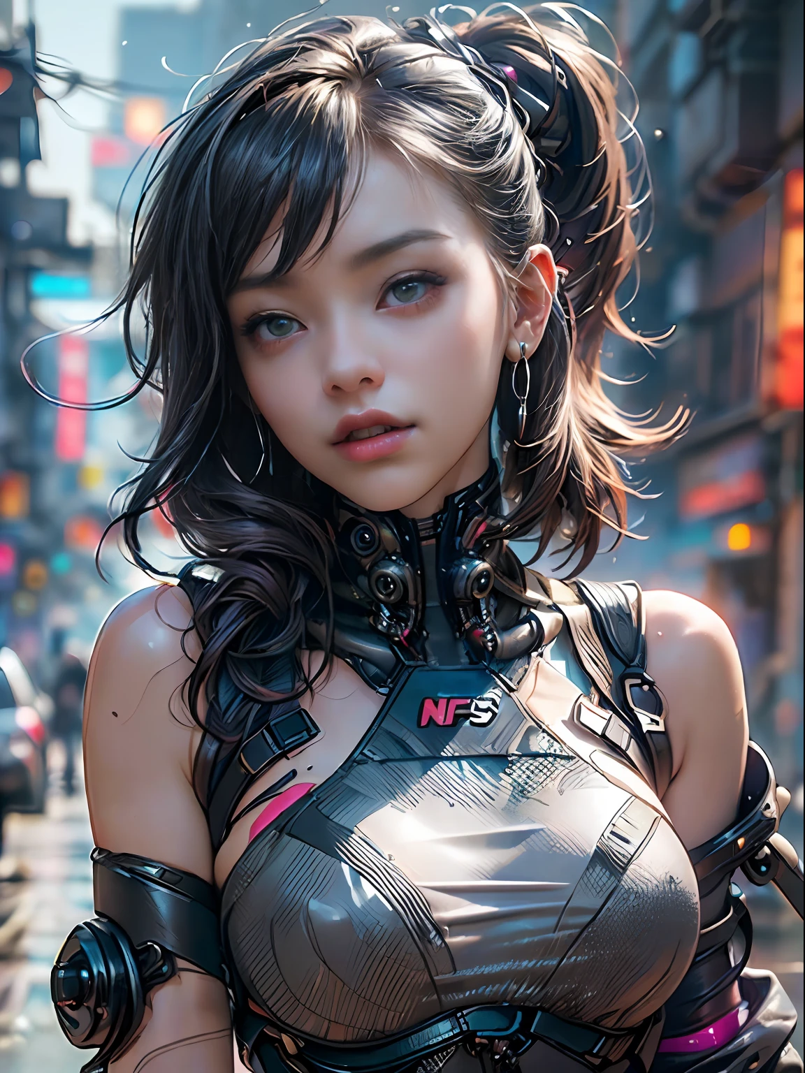 cyber punk Girl,(top-quality、8K、32K、​masterpiece、nffsw:1.3)、(The ultra -The high-definition)、(Photorealsitic:1.4)、Raw photography、The upper part of the body,Charming perfect figure,actionpose:1.2,Detailed cyberpunk fashion、World of Cyberpunk,depth of fields,blurry backround,、