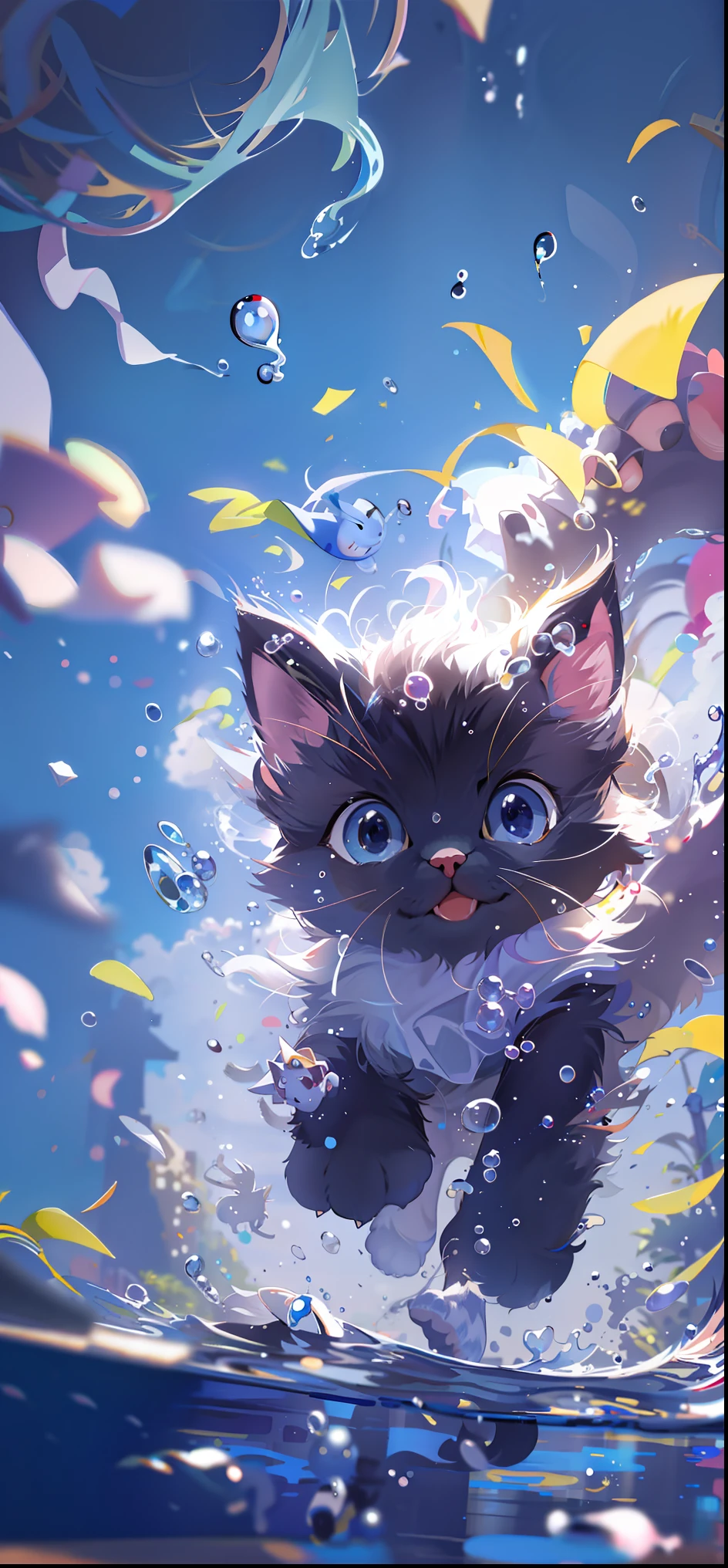 There is a cat floating in the water,There are bubbles, Cute detailed digital art, lovely digital painting, anime visual of a cute cat, cute detailed artwork, adorable digital art, realistic anime cat, trending on artstation pixiv, cute artwork, anime cat, by Yang J, Detailed fanart, clean and meticulous anime art, By Yuumei, author:Shitao