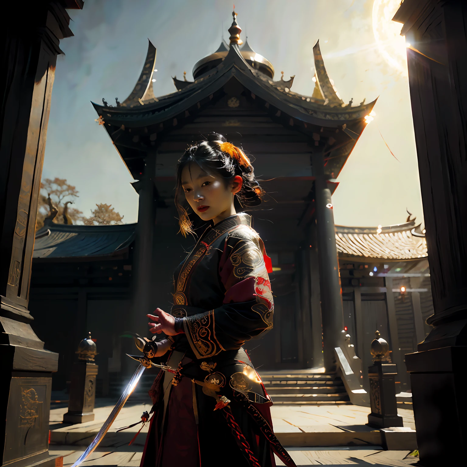 There was a woman dressed in red and black holding a sword, (rendering by octane) Fantasy style, fantasy character photo, Cinematic. author：leng jun, unreal engine rendered + A goddess, Palace ， A girl in Hanfu, chengwei pan on artstation, she is holding a sword, zhongli from genshin impact, cinematic outfit photo