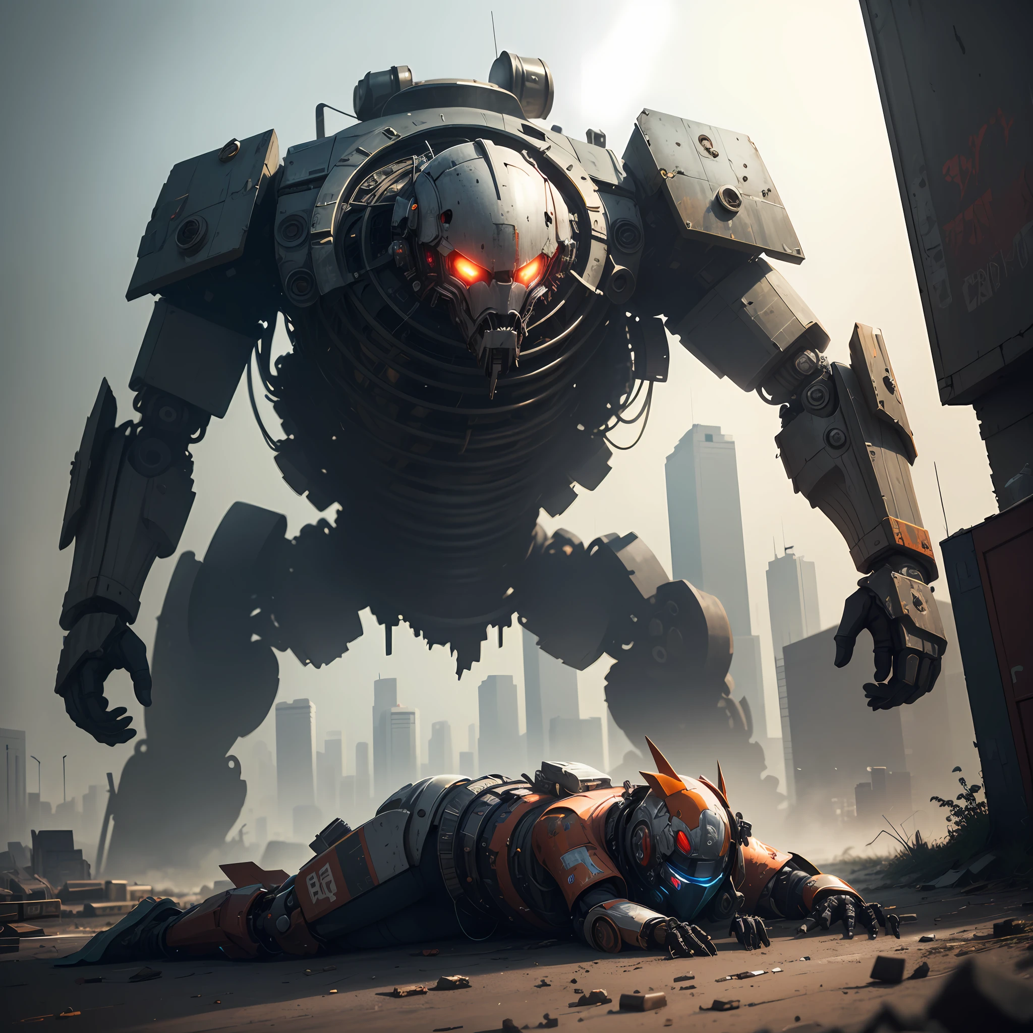 Giant rusty mech 1.2,cyber punk perssonage,Lying on the ground of the city,8K,the detail,Steel texture,Sense of oppression,mechanicalparts,White sky,well-illuminated,Heavy mech,Destruction of cities,Damaged mech