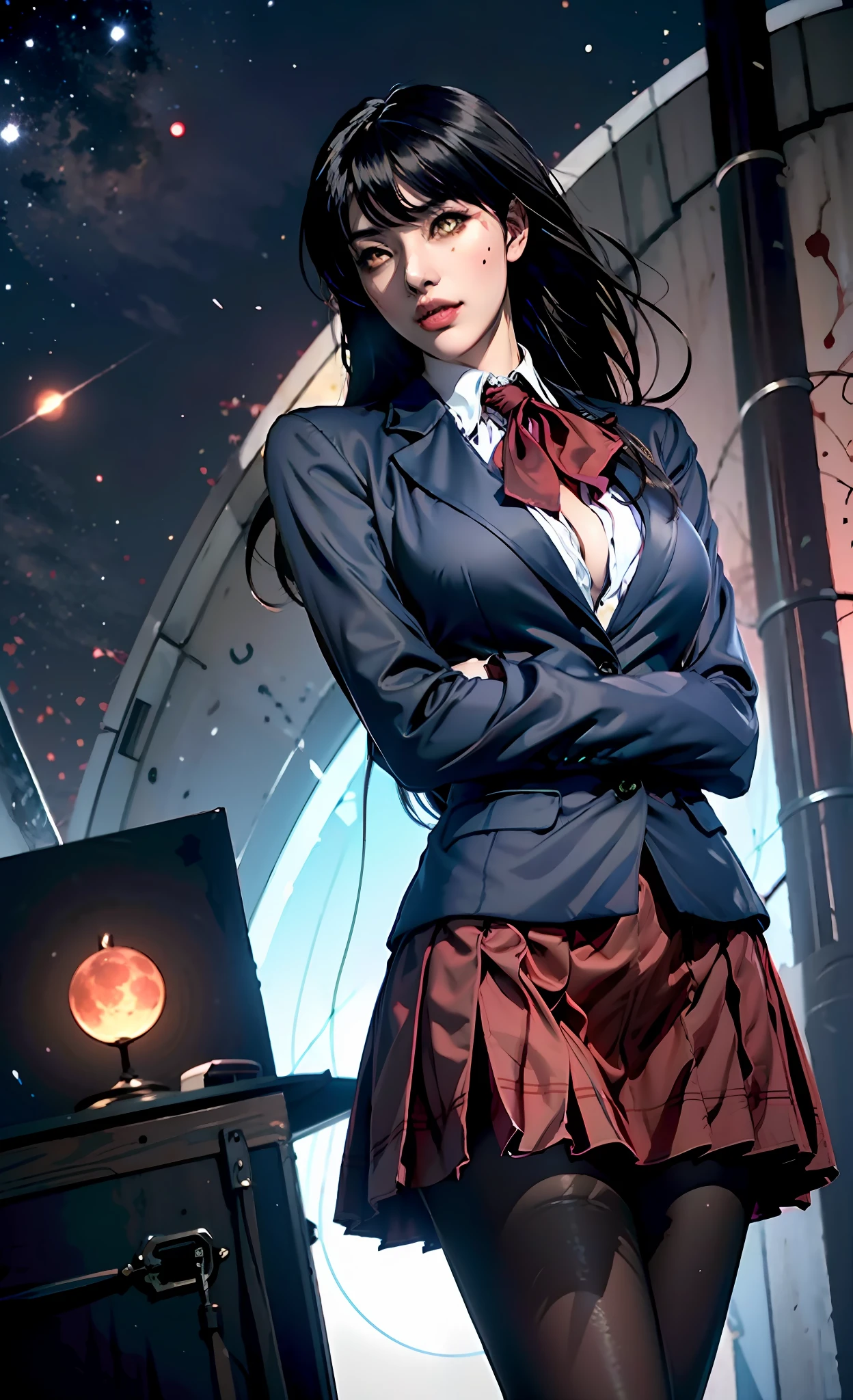 (beste-Qualit), (tmasterpiece), (Gloomy color scheme:1.5), ((Close-up of a girl in a school uniform with a short skirt)), 1girl in a short plaid skirt, androgynous vampire, junji ito 4 k, with long dark hair, ito junji art, style of junji ito, Dark Costume, portrait of sadako of the ring, Gentle androgynous princess , Beautiful androgynous princess , with her long black hair, girl in suit, stocklings, (big yellow eyes:1.3), fangs, detailing, (generous cleavage), Burst breasts, extra high resolution, 8K, (The blood on her lips runs down her neck), (Lovely Medium Breasts), perfect anatomy, (Gloomy color scheme:1.5), (shapely body), Microthongs, Beautiful slender legs, sexypose, (Hands Behind Your Back:1.2), (Looking down), (The gaze is directed downwards), (Night Sky Background: Red Moon)