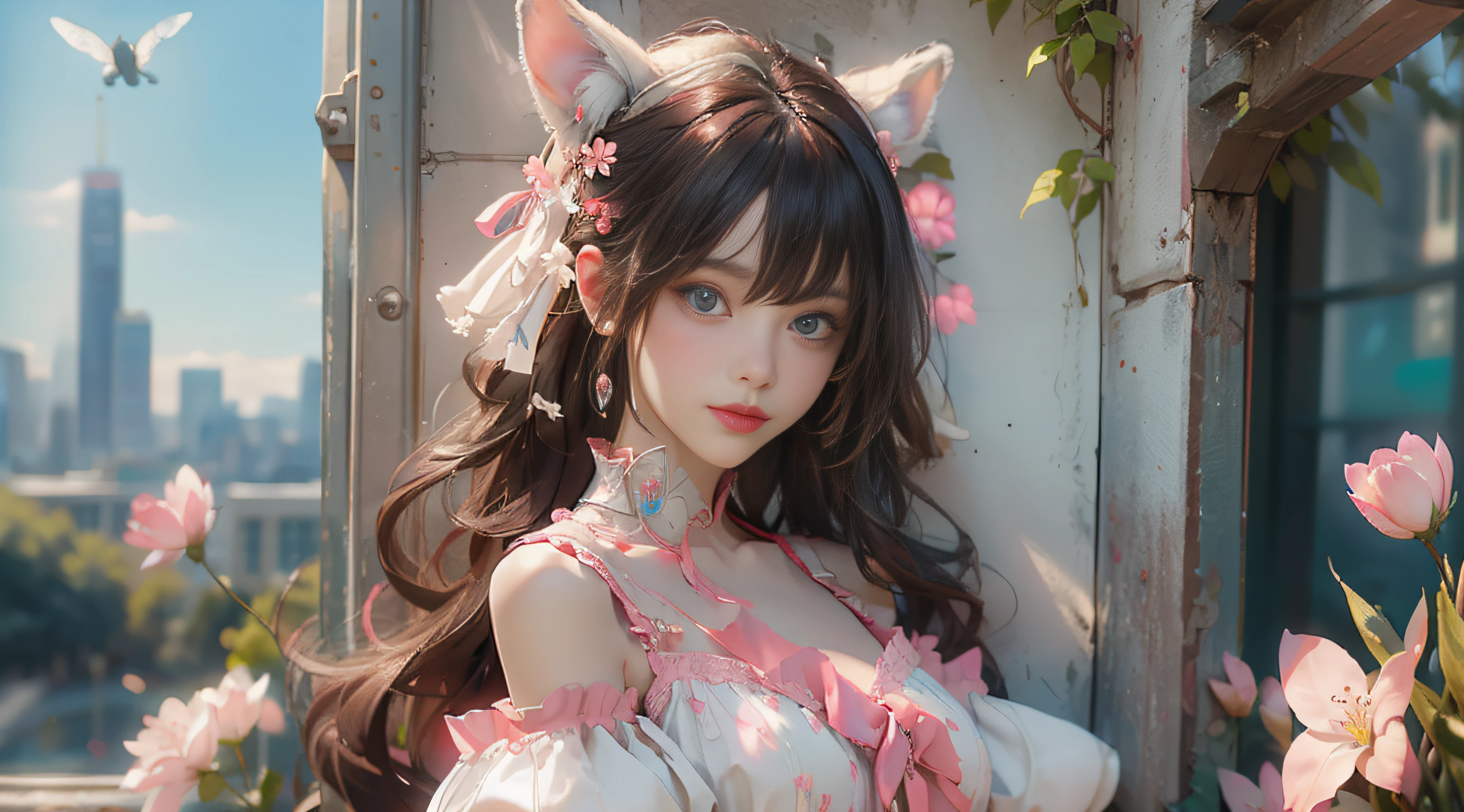 ((best qualtiy)), ((tmasterpiece)), (detail:1.4), Beautiful cyberpunk female images,hdr(HighDynamicRange),Ray traching,NVIDIA RTX,Hyper-Resolution,illusory 5,sub surface scattering,PBR textures,post-proces,Anisotropy Filtering,depth of fields,maximum definition and sharpness,Many-Layer Textures,Albedo e mapas Speculares,Surface coloring,Mitsu-Accurate simulation of material interactions,perfectly proportioned,rendering by octane,Two-colored light,largeaperture,Low ISO,White balance,Rule three points、8K raw data、Beautiful bright blue pupils,off-the-shoulder clothes,Fine pupils,Delicate face and eyes,long eyelasher,Blushlush,Delicate and fluffy hair,pink lip,Pure,Cute face,Sweet girl,Artistic sense,Casual wear,Advancedsense,butterflys,Cherry blossom petal,Beautiful hair accessories,Long hair and waist,Hair fluttering in the wind,Snow-white fox ears,curlies