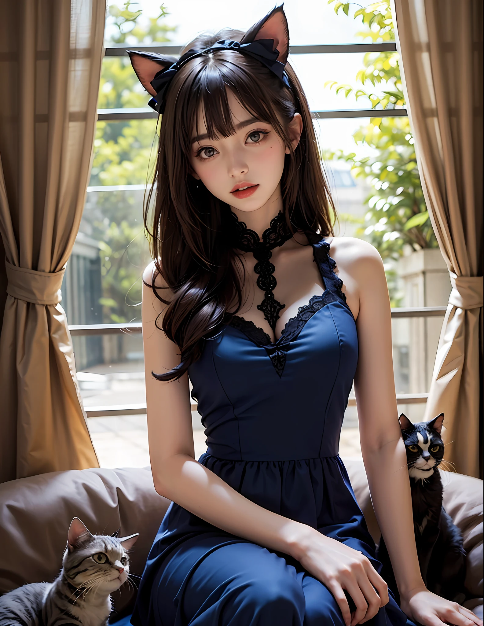 1girll,double tails,brunette color hair,cat,By bangs,Lace long dress,Blue bow,-yeld fee model,