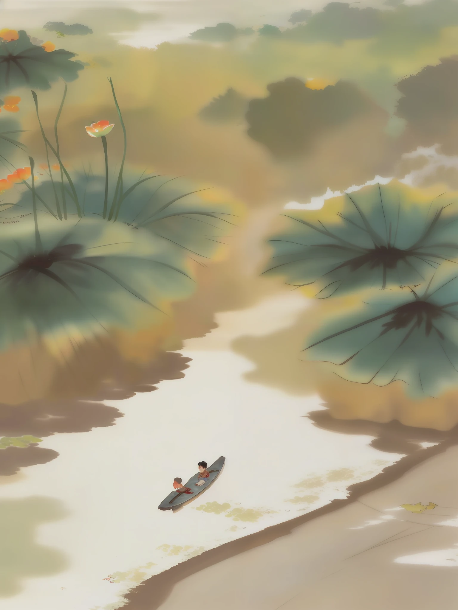 younge boy,Ancient wind,lotuses,small boats,duckweed,ponds,Small fish