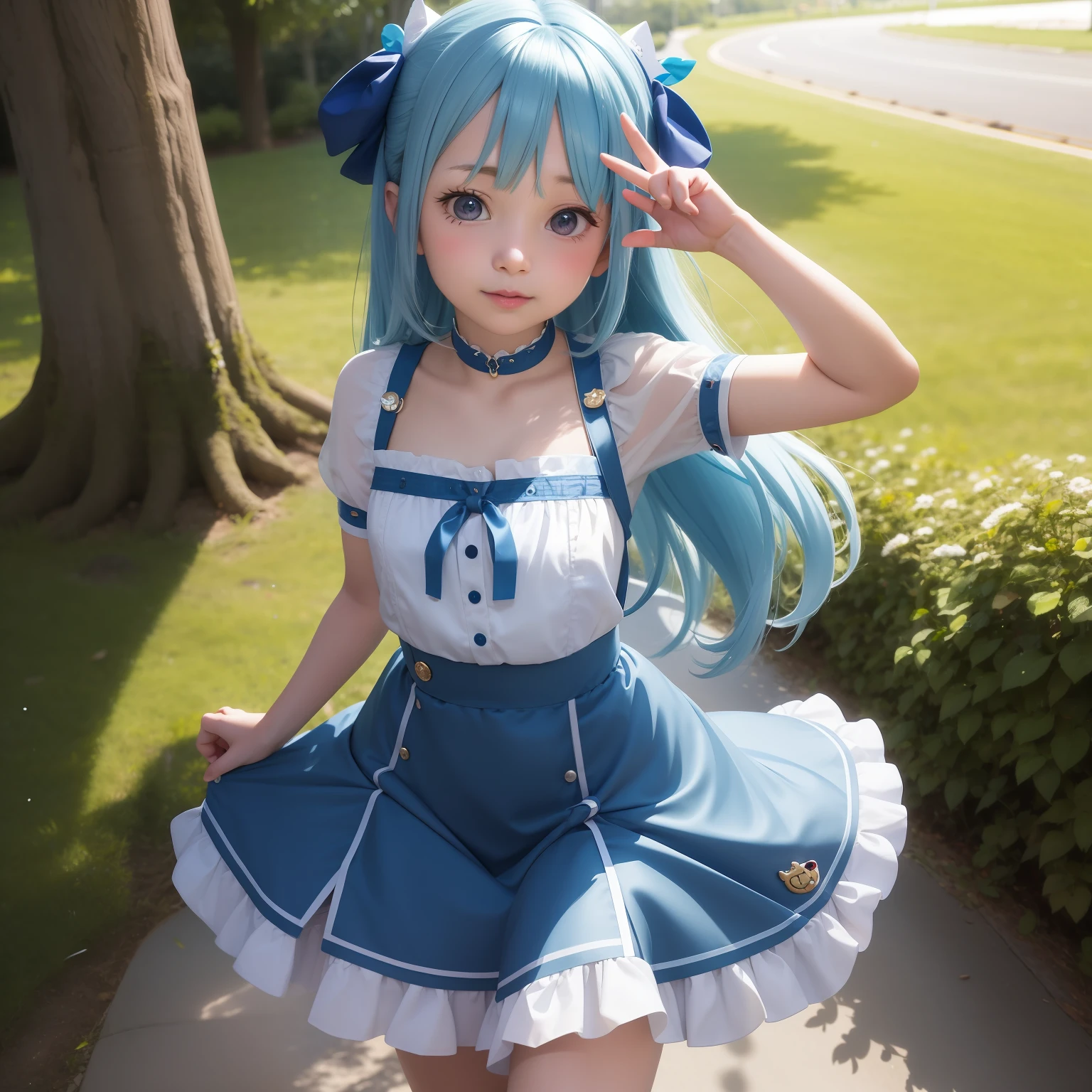 Arapi wore a blue and white dress and hat, small curvaceous loli, Anime girl cosplay, Anime girl in real life, loli in dress, cute anime waifu in a nice dress, Anime cosplay, Hatsune Miku cosplay, Realistic anime 3 D style, cosplay of a catboy! maid! dress, Loli, anime girl in a maid costume,Big chest、