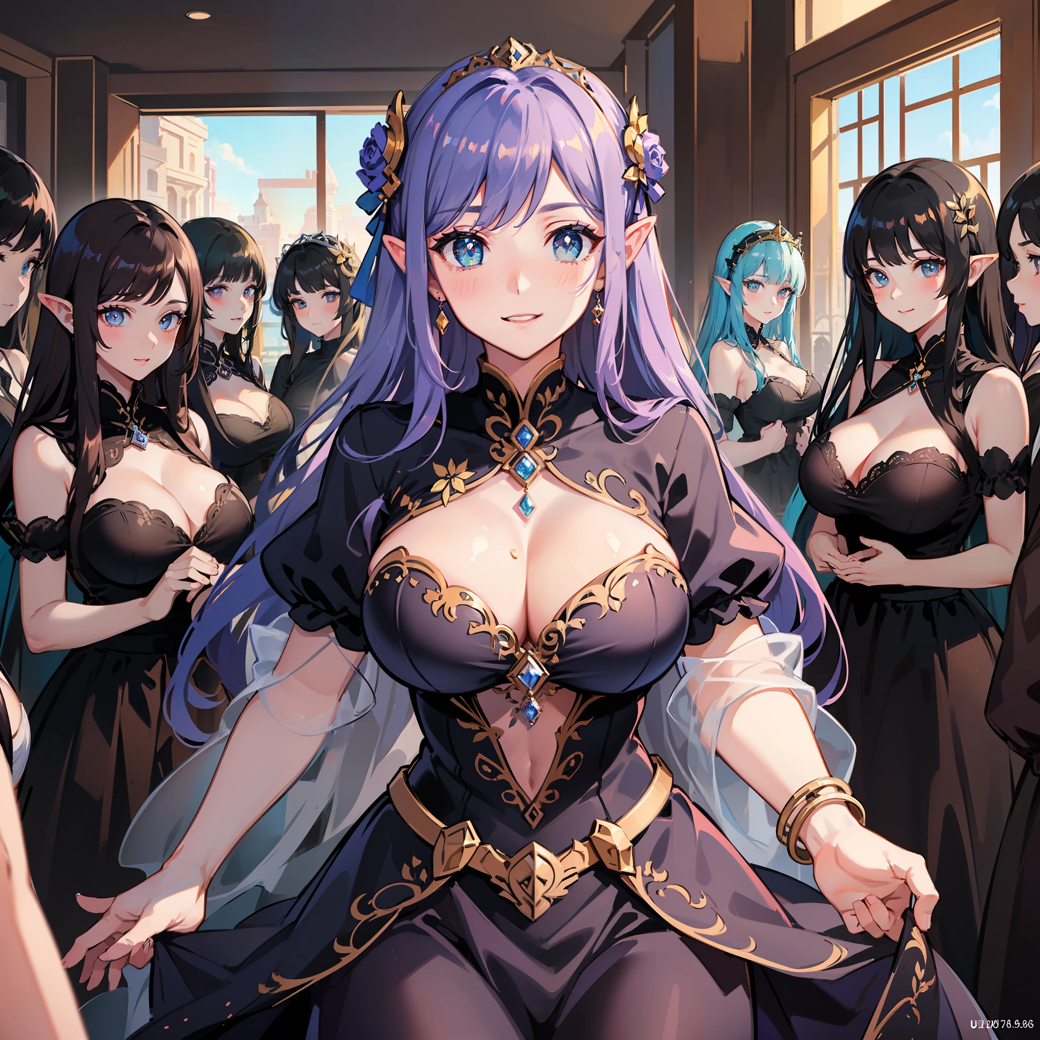 (masterpiece), (best quality), (ultra-detailed), vibrant colors, perfect body, vivid colors, scenery, sharp focus, best quality, masterpiece, detailed outfit, (((beautiful detailed eyes:1.4))), intricate details, depth of field, ultra high resolution, (highest resolution),(masterpiece), (best quality), (ultra-detailed), (ultra-detailed), (restaurant), multiple girls, eyes sparkle with hidden longing, ephemeral, gorgeous multi-color hair radiating light, expressive and sparkling eyes, blush, large breasts, huge breasts, wide hips cleavage, smiling fondly, perfect hands, nice hands, (((multiple girls, group picture, lineup, harem, 6+girls))), ((((princess dresses)))), legend of Zelda \\(series\\)**